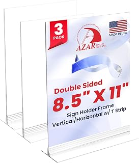 Azar 102714 Acrylic Sign Holder 8.5 x 11 Inch – Double-Sided Clear Display Frame with T-Base – Vertical/Horizontal Use, Crystal-Clear Acrylic Menu Holder for Restaurant, Office, Retail, Events (3-Pack)