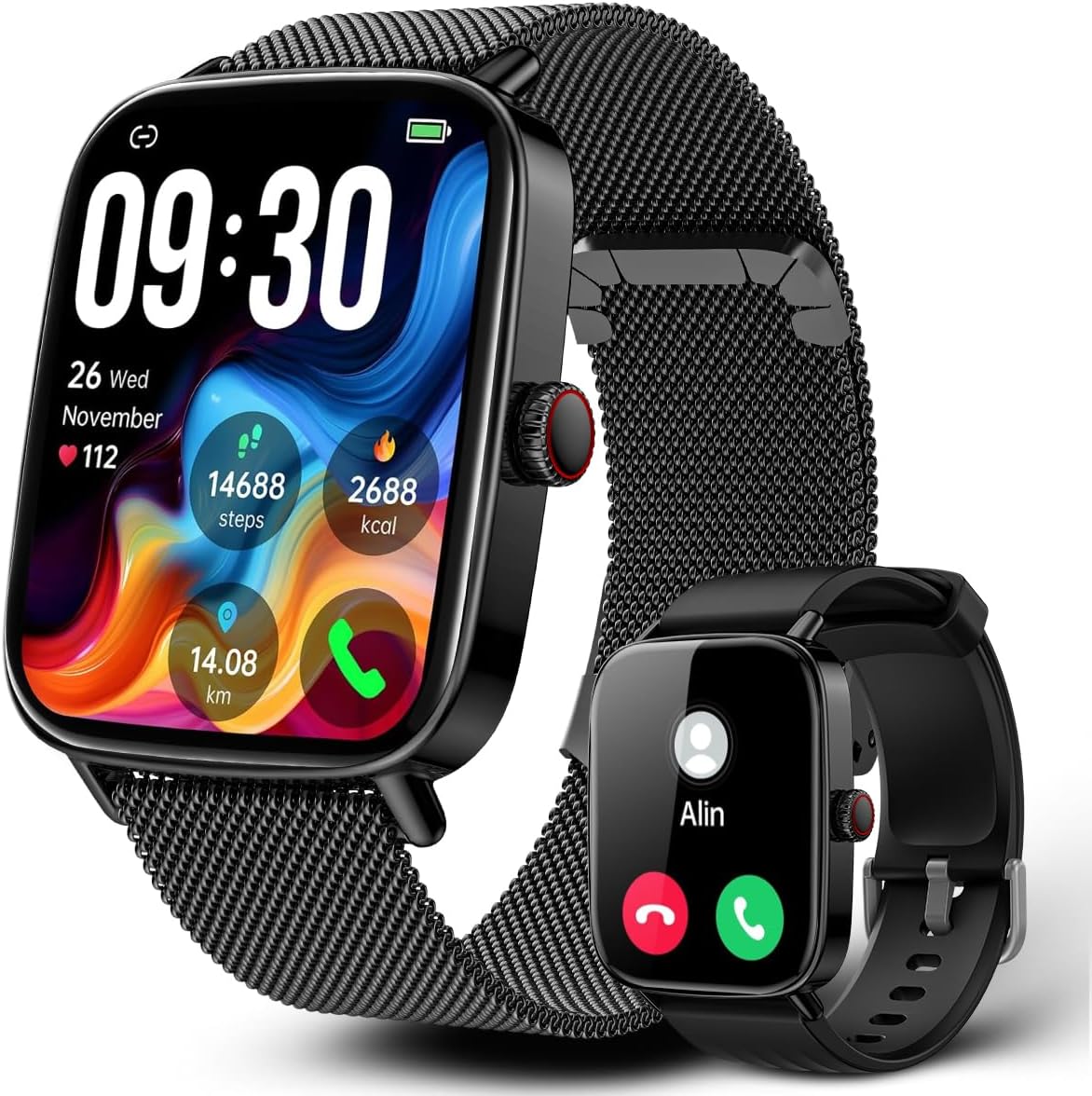 Smartwatch Relógio Inteligente, Tela HD de 1,85″ Relógio Fitness, 120 Esportes, Frequência Cardíaca e Monitoramento do Sono, IP68 à rova d’água, Compatível com Android iOS, 2 Pulseiras (Preto)