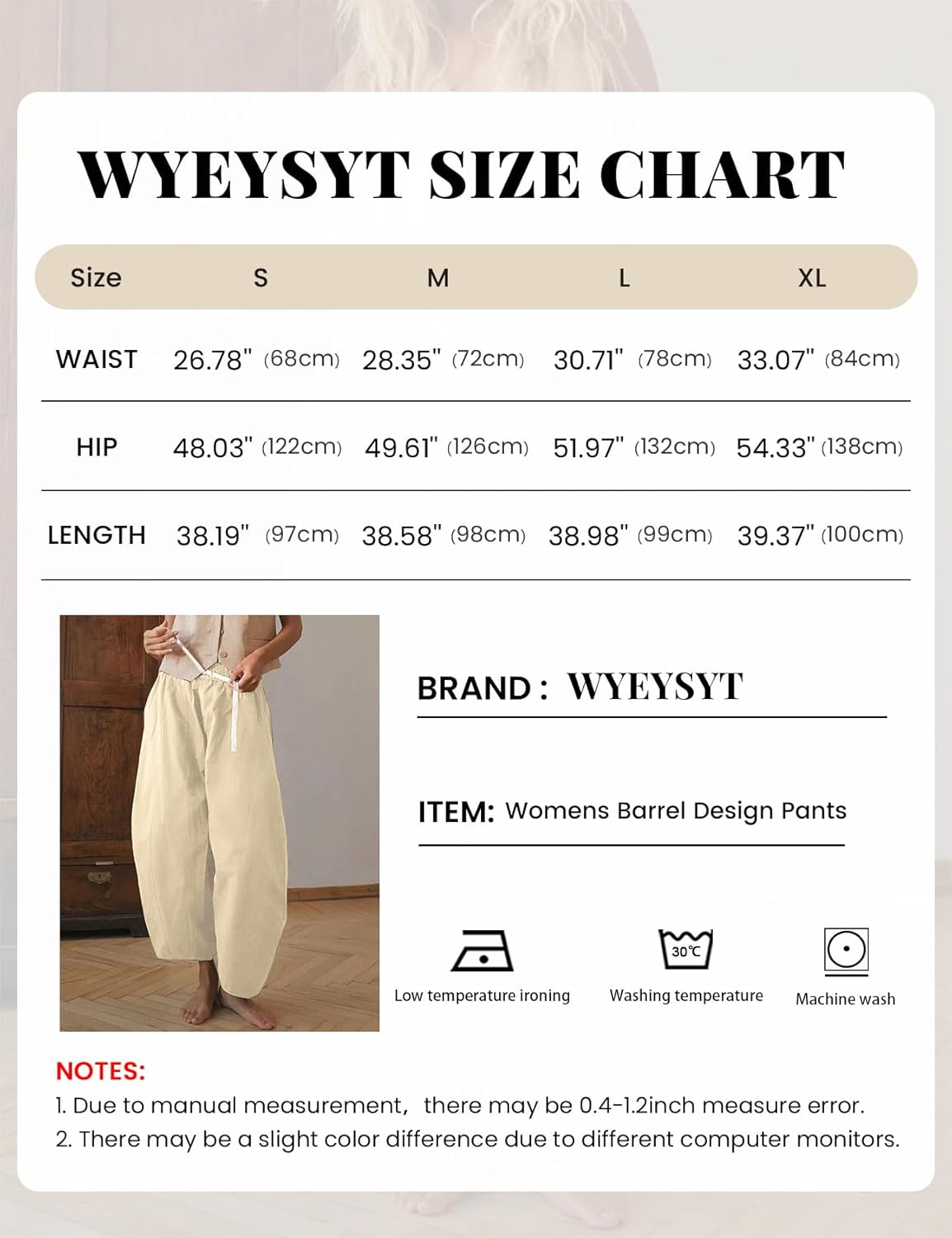 Wyeysyt Barrel Jeans Women Wide Leg Elastic Waistband Cotton Pants Baggy Palazzo Pants with Pockets(Beige-S) - Image 7