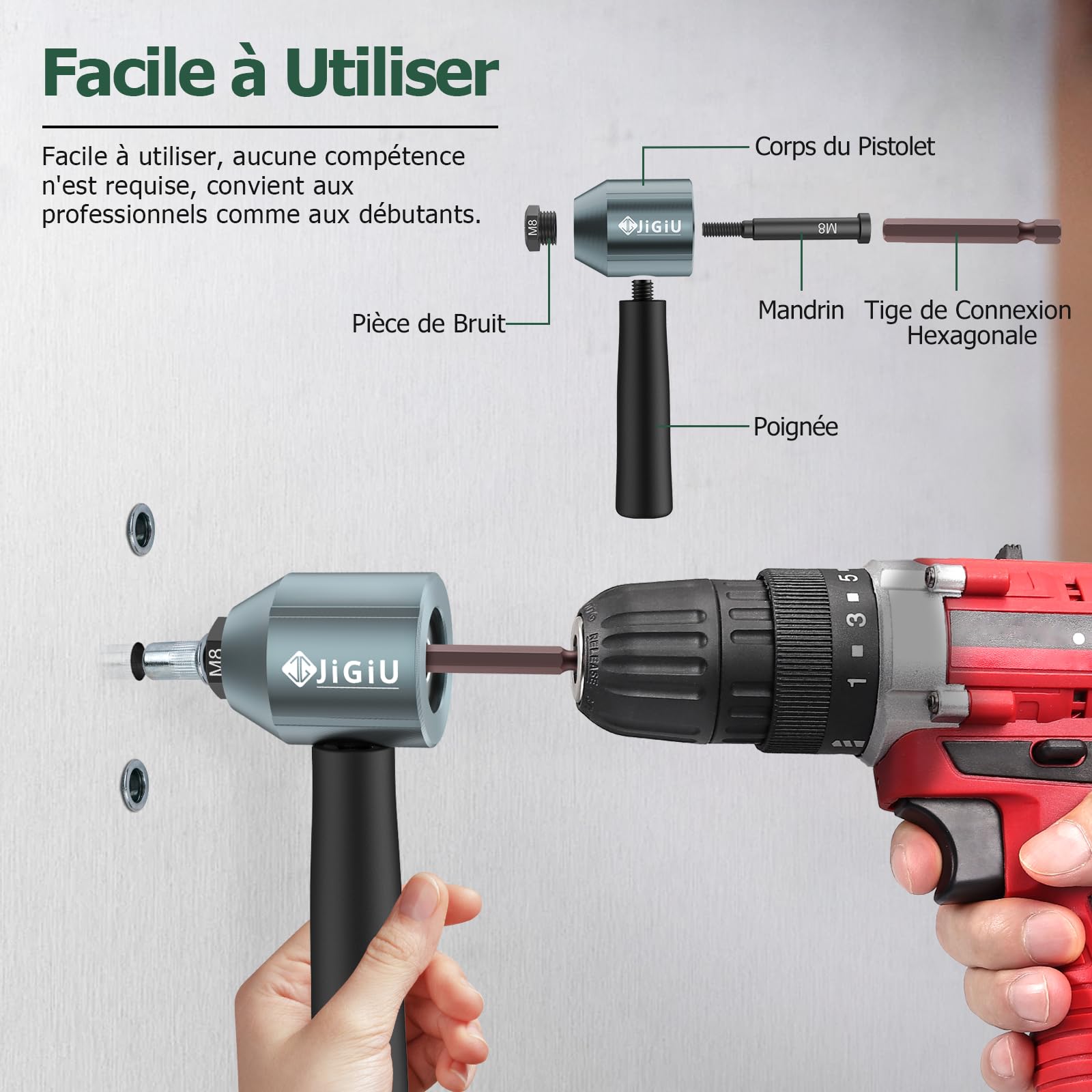JiGiU Adaptateur de Perceuse à Écrou à Rivet avec Accessoires pour 40PCS Écrous Perceuse à Écrou Électrique Pistolet à Écrou pour Réparation de Meubles, Mécanique, Automobile