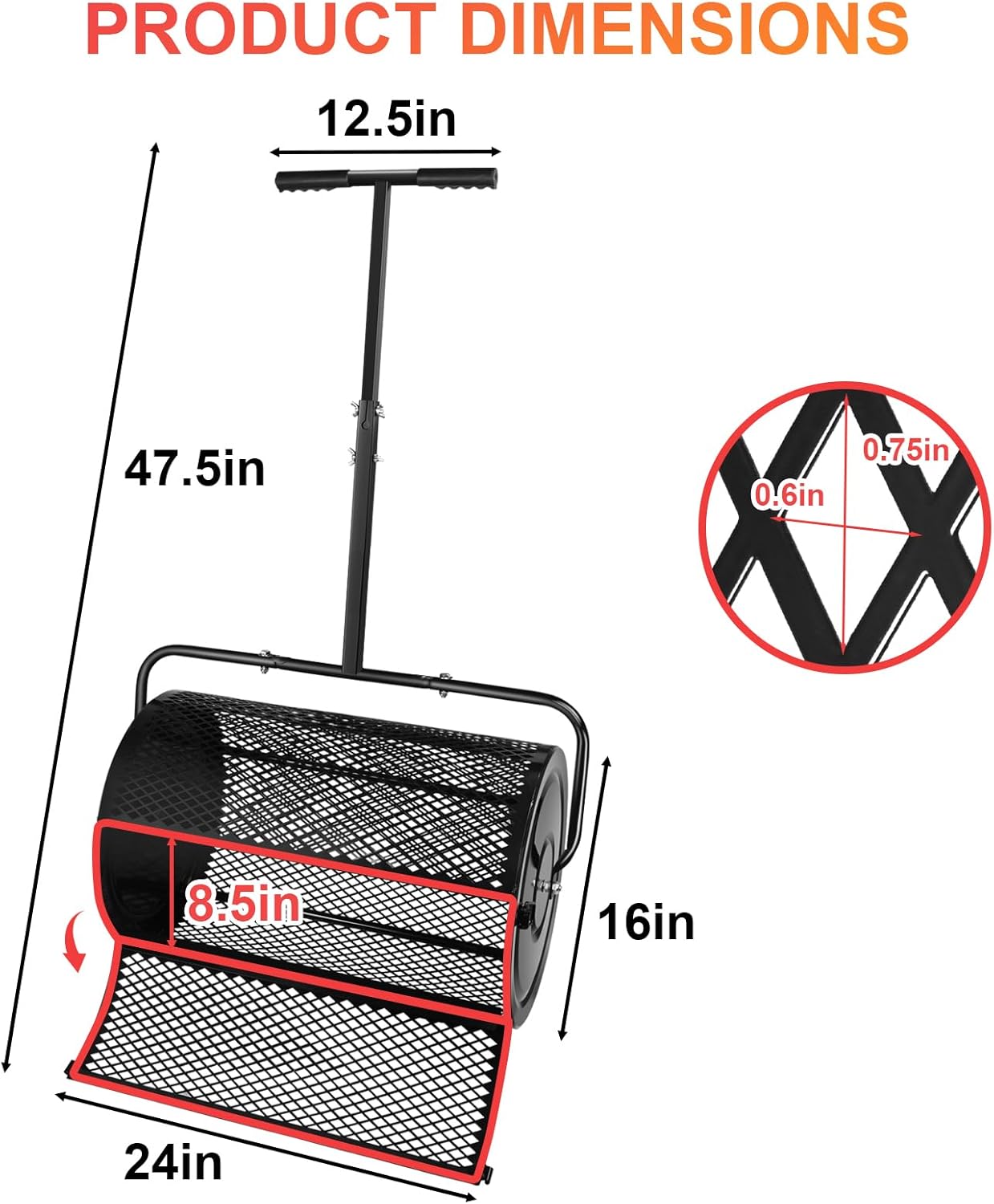 Maylaviu 24 Inch Compost Spreader & Peat Moss Spreader - Roller Lawn Spreader - Top Soil, Manure, Mulch, Top Dressing Spreader - Lawn and Garden Spreader - Metal Mesh Basket Compost Spreader for Lawn