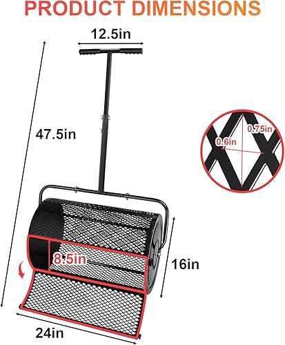 Miniatura 6 de Esparcidor de musgo de turba de 24 pulgadas, rodillo de fertilizante con mango en forma de T, fácil de montar, esparcidor de suelo superior para