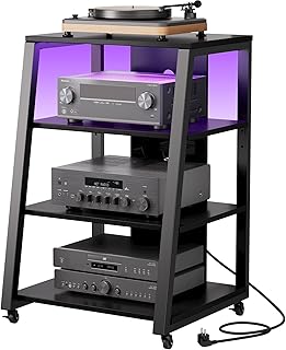 Lifewit 4-stufiger HiFi Regale mit Rädern und verstellbaren Ablage, Plattenspieler Tisch mit Steckdosenleisten und LED-Leuchten, AV-Medienständer Für Wohnzimmer, 60 x 55 x 90 cm, Rustikales Braun