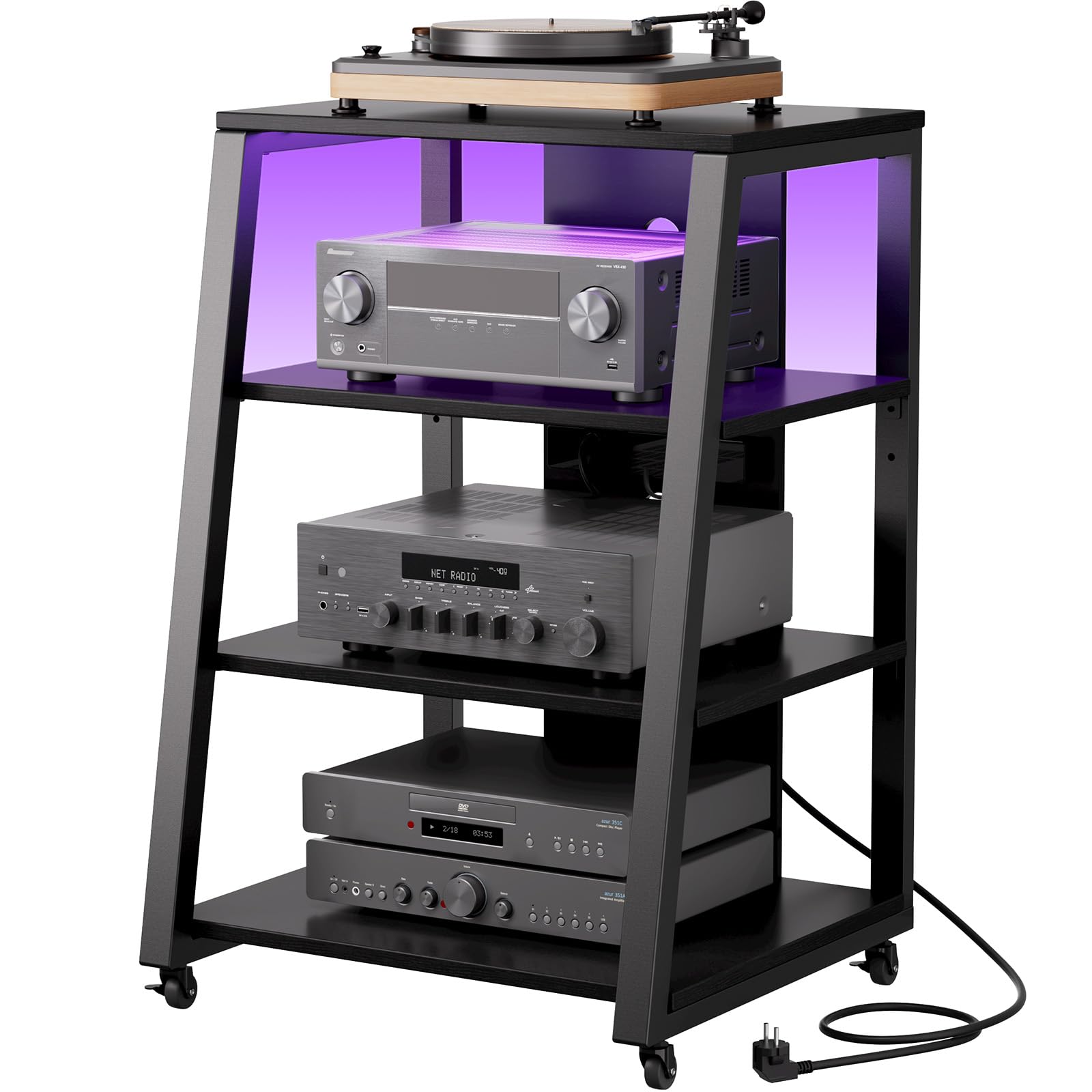 Lifewit Meuble Hifi 4 Niveaux avec Multiprises et Lumières LED, Meuble Vinyle en Bois et Acier, 60 x 55 x 90 cm, Noir