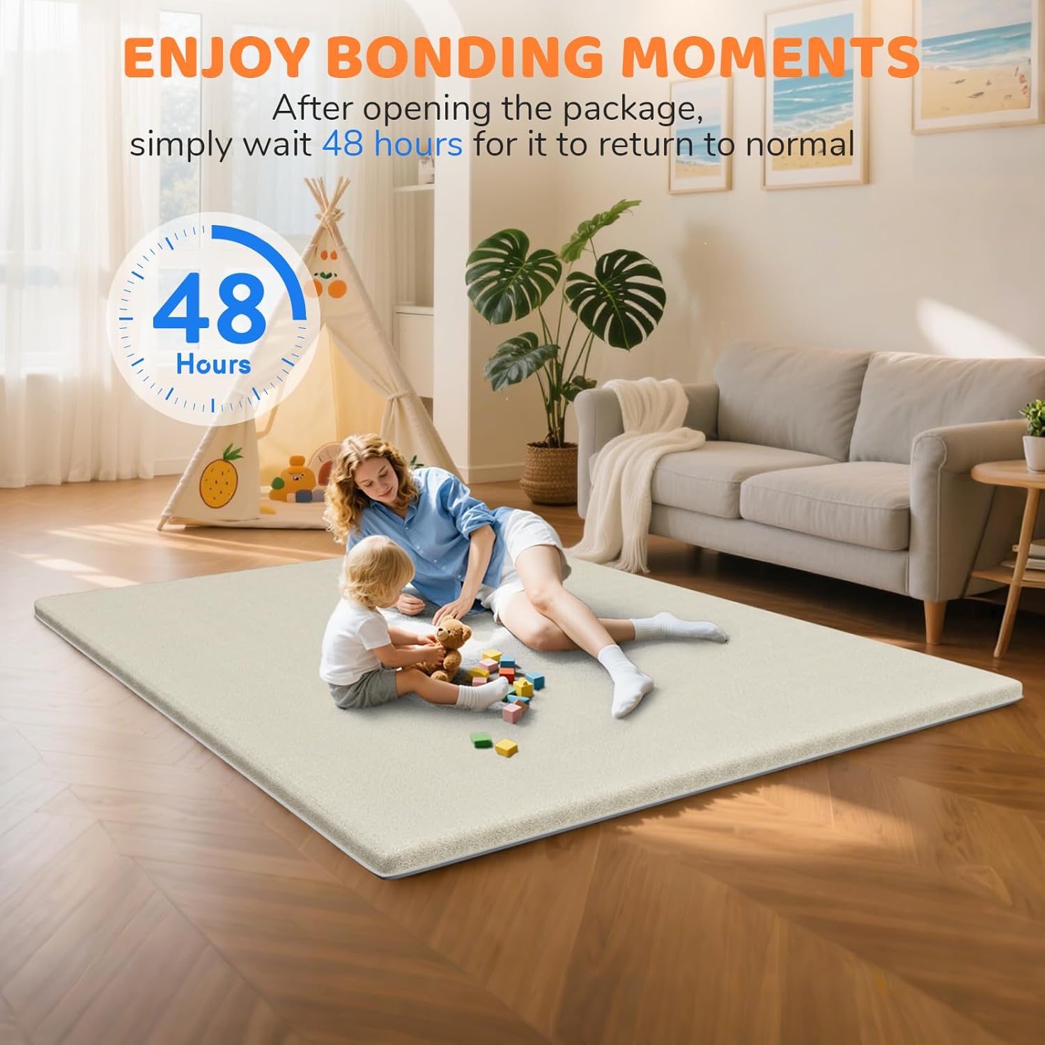 Omzer Baby Play Mat for Floor - 1.3" Thick Foam 71x79 Inch Playpen Mats with Removable & Washable Cover for Tummy Time, Soft Coral Velvet & Non-Slip Crawling Pad for Babies, Toddlers, Infants - Khaki