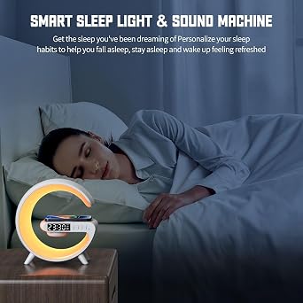 JOPWUE Atmosphere Lamp with Wireless Charger,15W Led Alarm Clock RGB Color Dimmable Ambient Light Smart Table Lamp with Bluetooth Speaker 6 Modes Night Lights for Adults Kids Office Bedroom (Black) [Energy Class A]