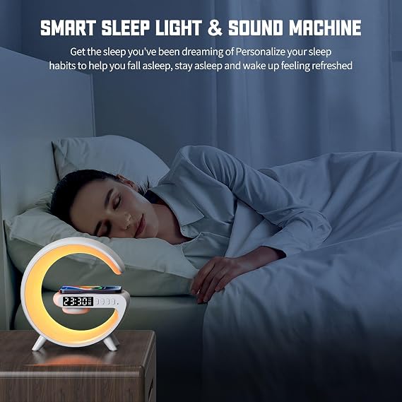 JOPWUE Atmosphere Lamp with Wireless Charger,15W Led Alarm Clock RGB Color Dimmable Ambient Light Smart Table Lamp with Bluetooth Speaker 6 Modes Night Lights for Adults Kids Office Bedroom (Black) [Energy Class A]