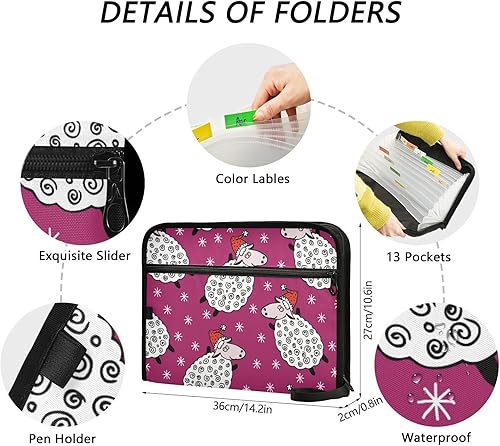 Miniatura 3 de Cartoon Kawaii Sheeps Stars Hot Pink Expandable Folders 13 Pockets A4 Letter Size Organizer with Pockets with Zipper Closure Document File Folder