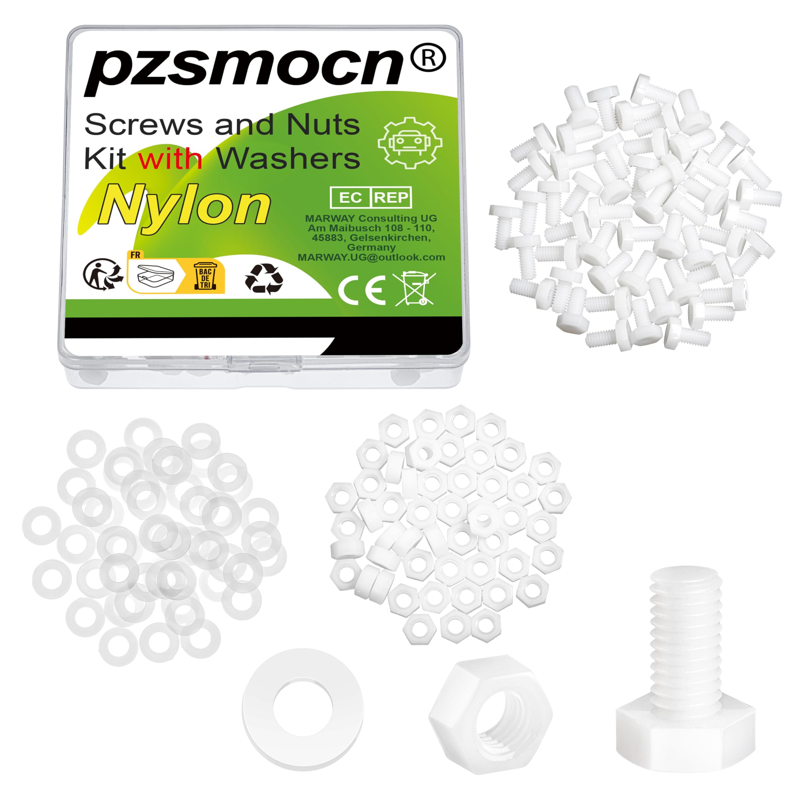 Pzsmocn 150 Pieces / 50 Sets M6 White Nylon Screws and Nuts Kit with Nylon Washers. M6 * 12 mm Plastic White Nylon Hex Screws Nylon Insulating Washers and M6 Hex Nuts Kit.