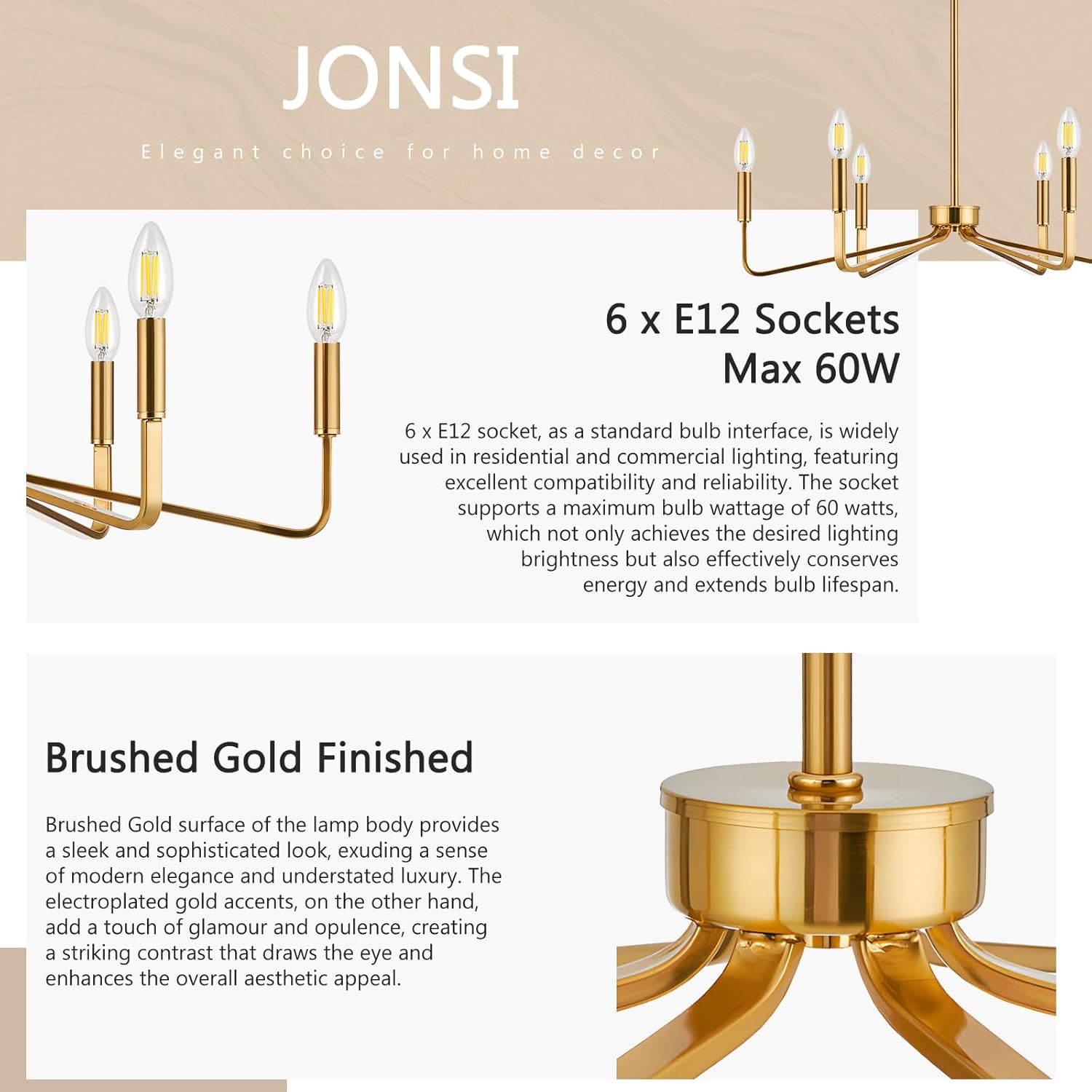Jonsi Gold Chandelier - 26" Modern Brushed Brass Chandelier Light Fixture 6 Light Industrial Candle Lighting Hanging Ceiling for Living Dining Room, Kitchen Island