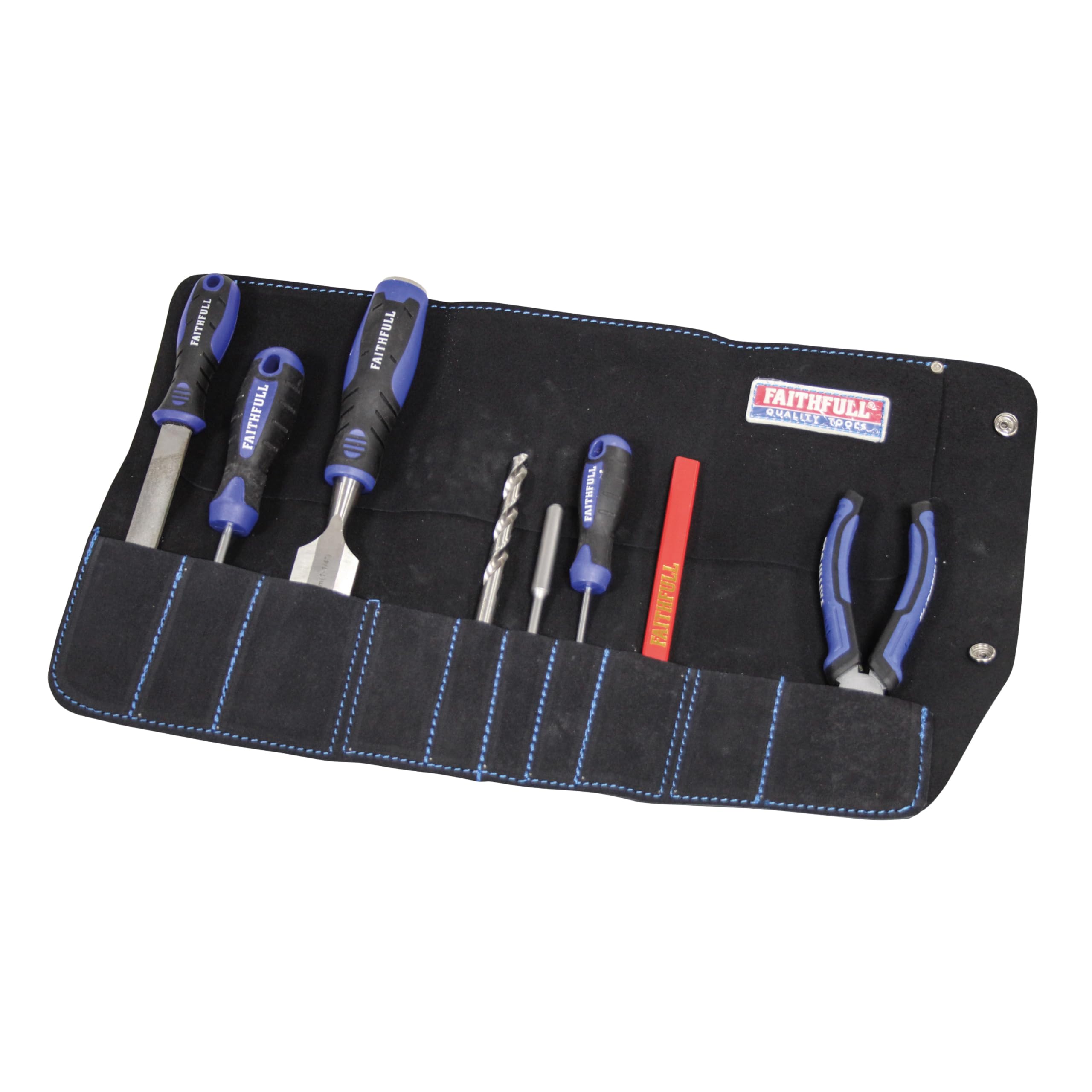 Faithfull Black/Blue Suede Leather Tool Roll – 10 Pocket, Hand Tool Organiser With Press Stud Fastening For Carpenters, Woodworkers, Mechanics & Diy – 48 X 27Cm –