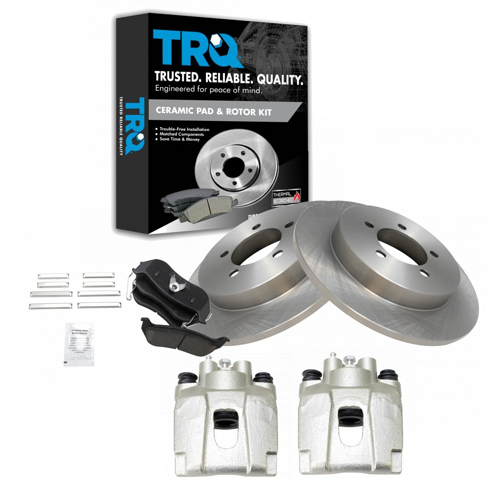 TRQ Rear Brake Pad and Rotor Set Ceramic Solid Rotors Calipers