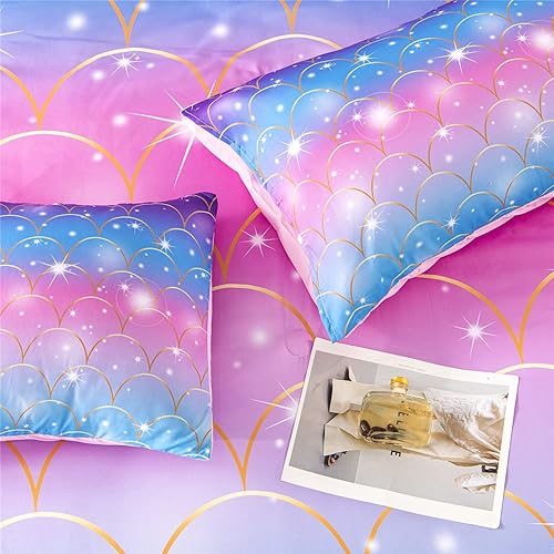 Miniatura 8 de RYNGHIPY Juego de edredón de sirena brillante de 6 piezas, color verde azulado y rosa, tamaño Queen, juego de ropa de cama para niñas con purpurina