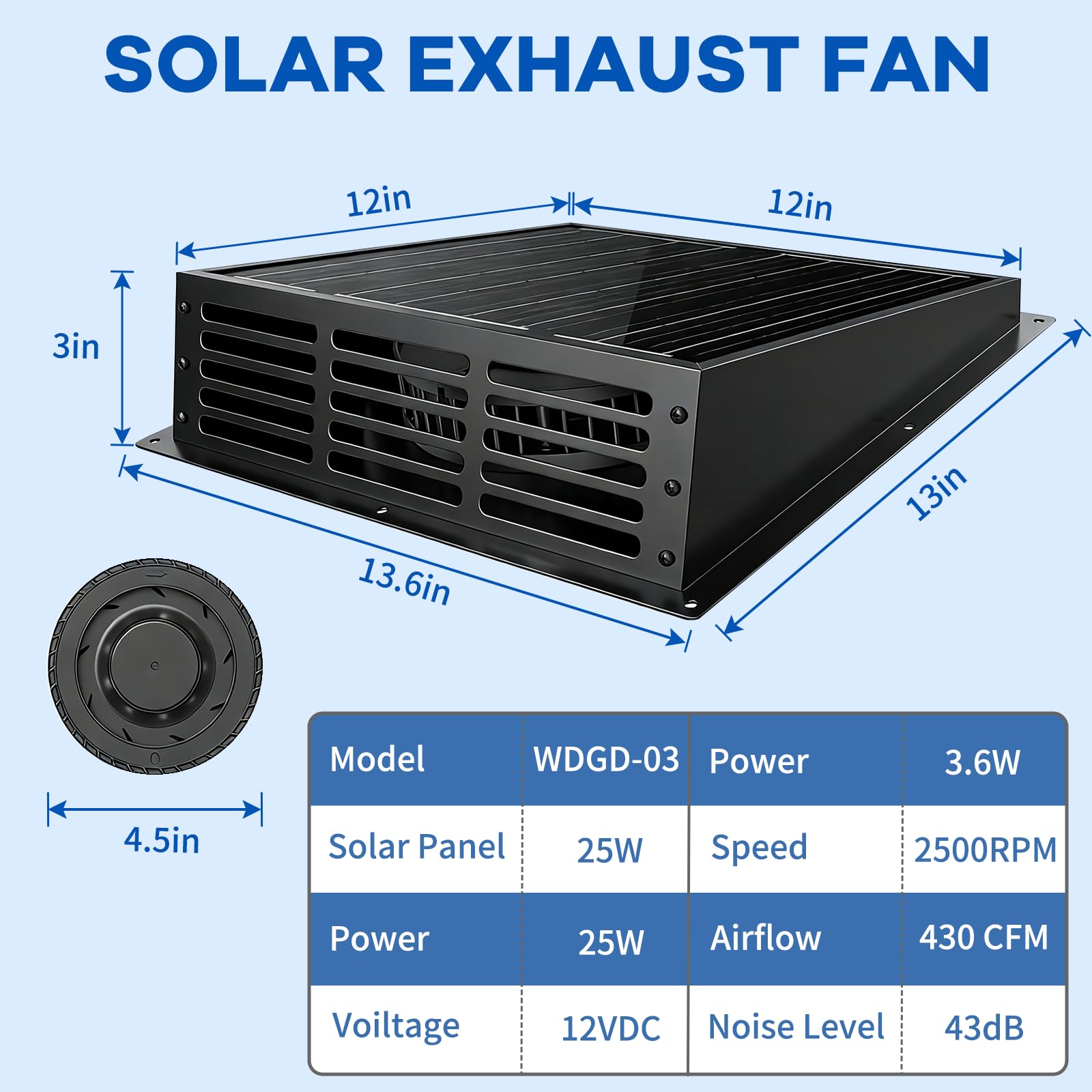 430CFM Solar Exhaust Fan, 2500 RPM High Speed Ventilator, IP67 Waterproof, No Wiring Required, Easy Install Solar Powered Fan for Shed, Attic, Barn, Container, Dog House, Chicken Coop, Greenhouse, RV - 2