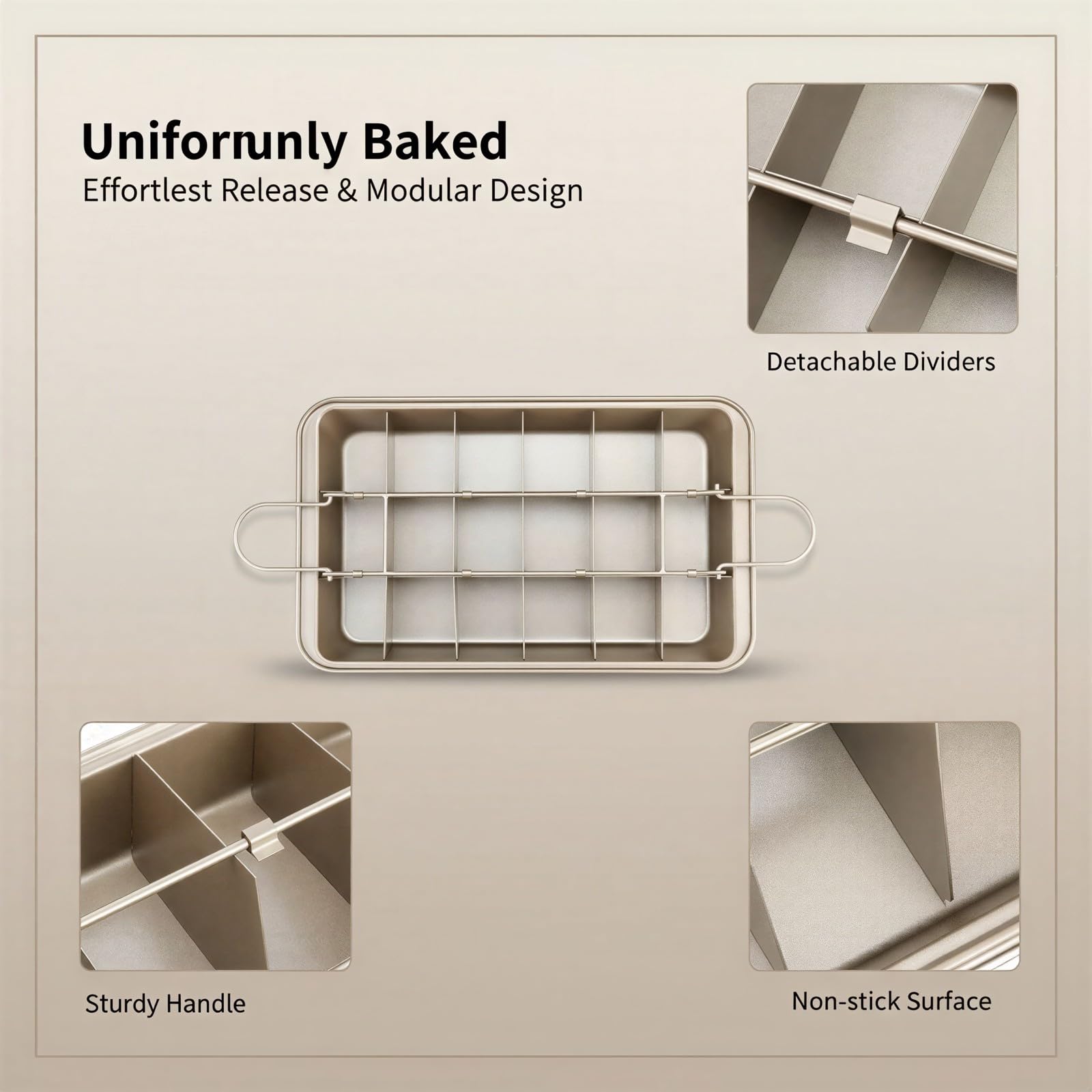Moules à brownies, lot de 2, moules antiadhésifs en acier au carbone avec séparateurs amovibles, 18 cavités, spatule en silicone et pinceau à huile pour cupcakes et gâteaux, pour la cuisson