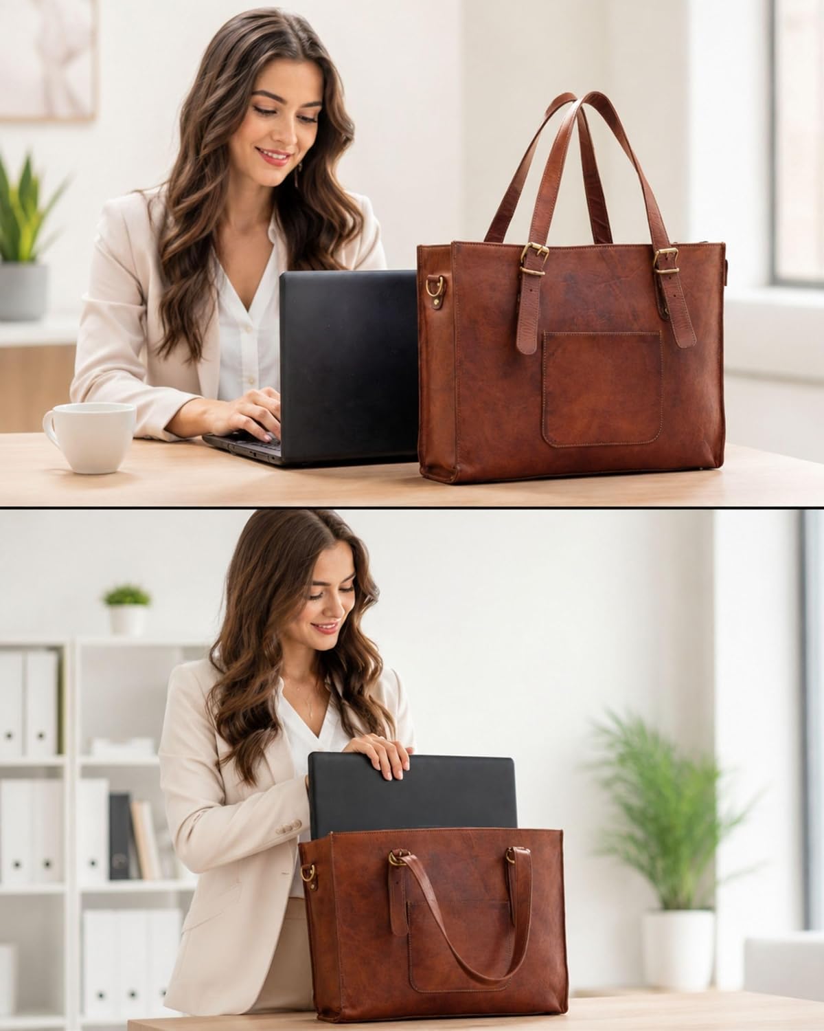 Genuine Leather Laptop Bag for Women 16" Large Brown Tote Fits 15.6" Computer Briefcase Womens Crossbody Messenger Bag