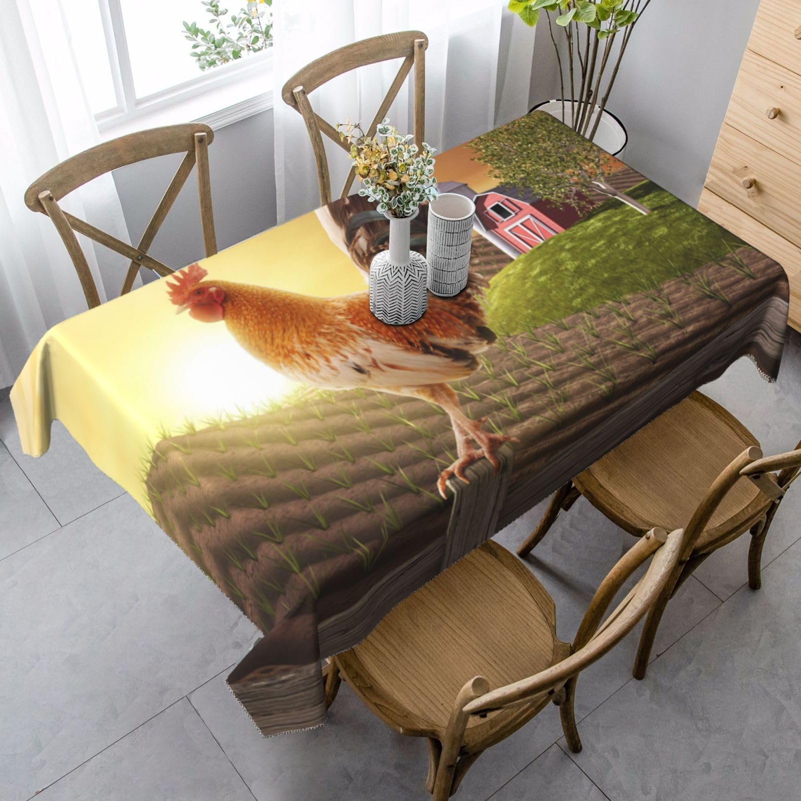 AUGUSTRUSH 140x90 Cm Rectangle Tablecloth, Rooster On Wood In Farmland Tablecloths, Soft Washable Durable Table Cover For Dining, Party Wrinkle-Resistant Table Cloth For Travel, Wedding, Cafe, Picnic