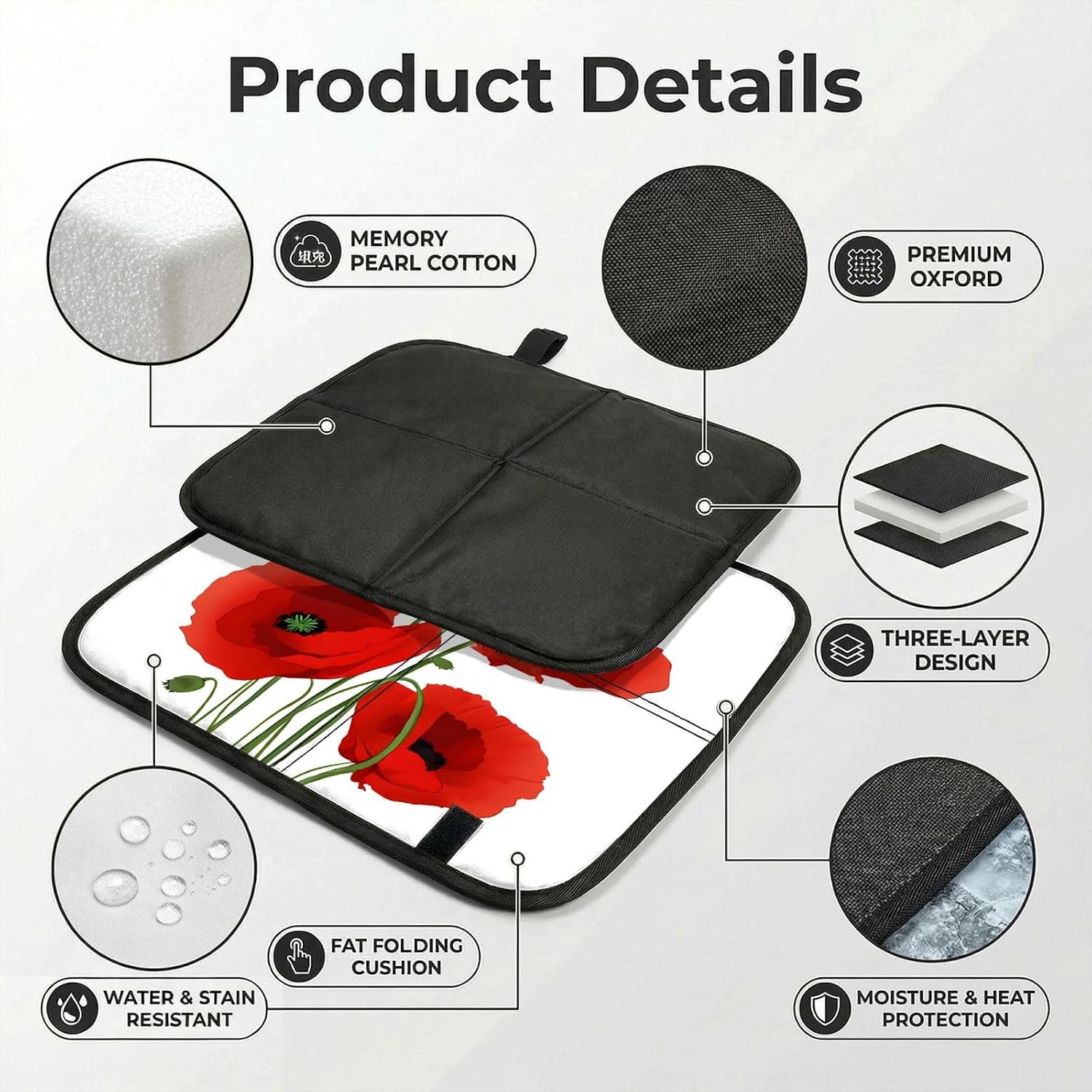 (Poppy Flowers) Sitting Pad Foldable Seat Cushion Lightweight Camping Seat Mat with Hook for Outdoor Hiking Picnic Camping