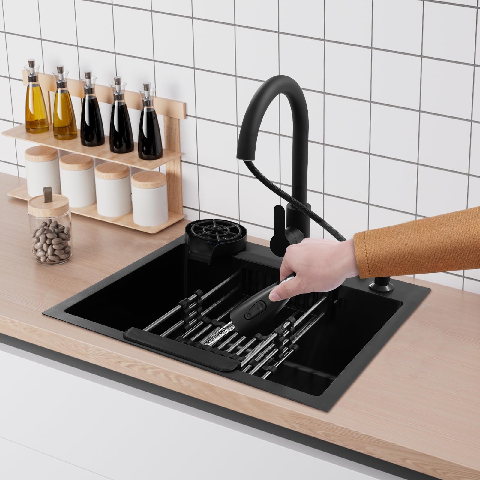 Évier de cuisine 45 x 50 cm, évier de cuisine en acier inoxydable, lavabo intégré, extensible à 360°, avec évier + panier de vidange + distributeur de savon pour évier de cuisine, plan de travail pour