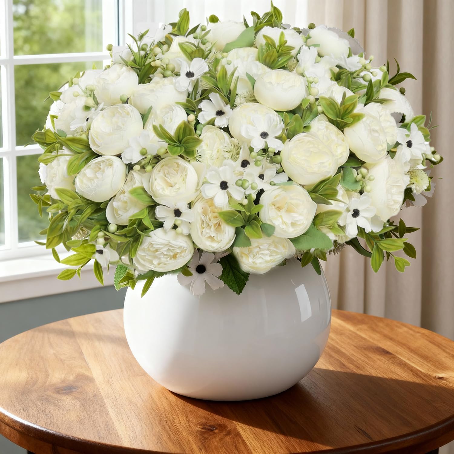 12 Bundles Peony Artificial Flowers, Peonies Artificial Flowers with Peonies and Daisies, Fake Peony Flower Bouquets for Home Decor, Wedding, Table Centerpieces, Indoor & Outdoor Use (white)