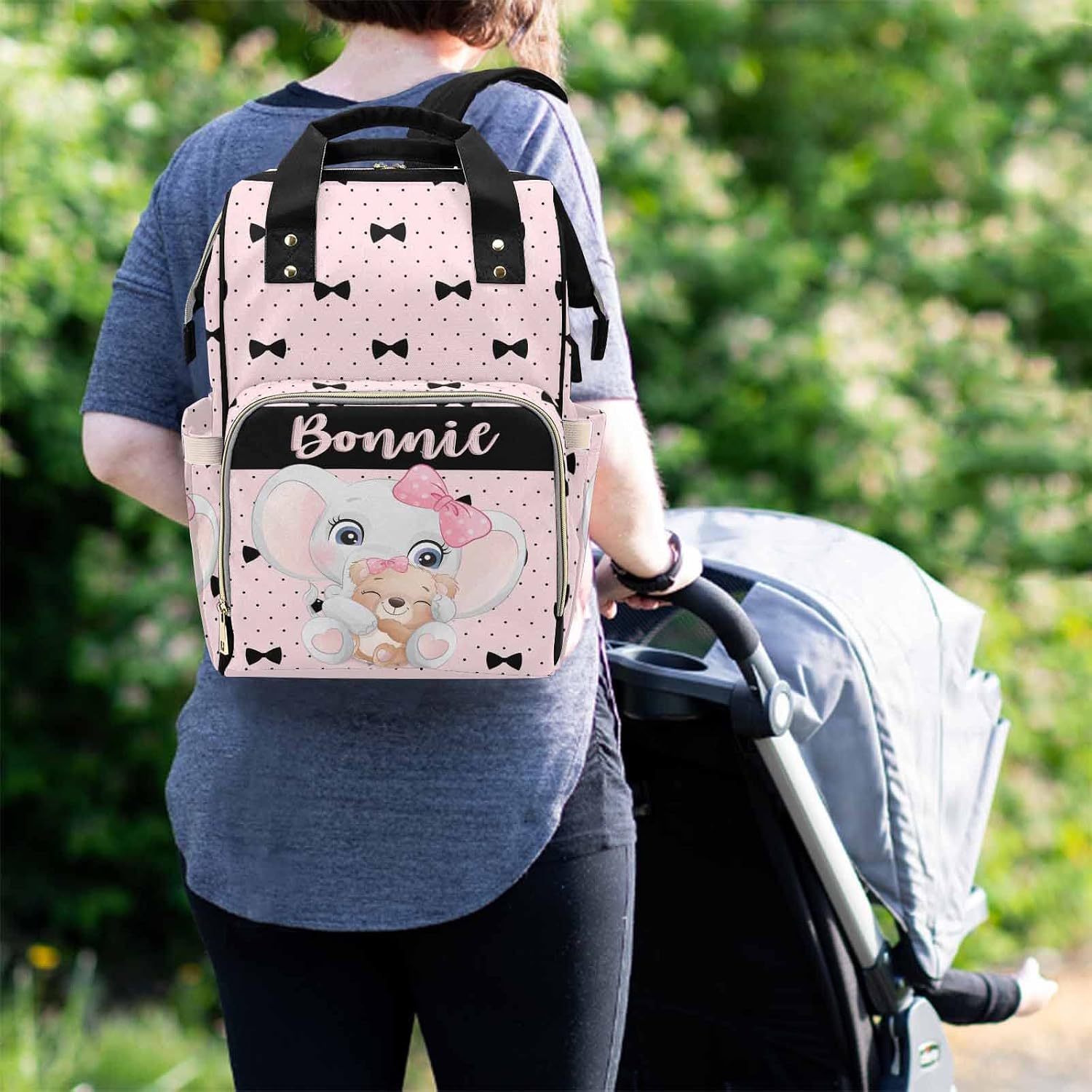 M YESCUSTOM Diaper Bag Personalized Name Mommy Bag Custom Polka Dot and Bow Baby Bag Customized Gift for Newborn Pink