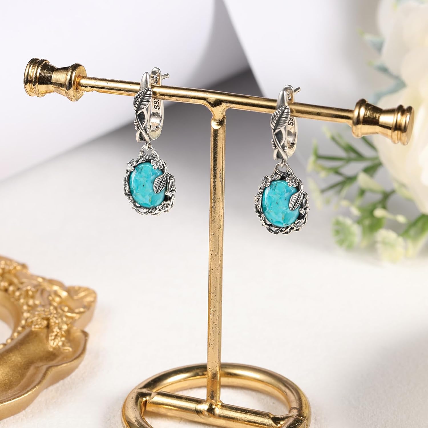 Teal/Blue/Purple Oval Turquoise Dangle Earrings for Women Leaf Vine Flower Latch Back 925 Sterling Silver Earring Vintage Oxidised Boho Turquoise Jewelry Valentines Day Gift for Her - Image 2