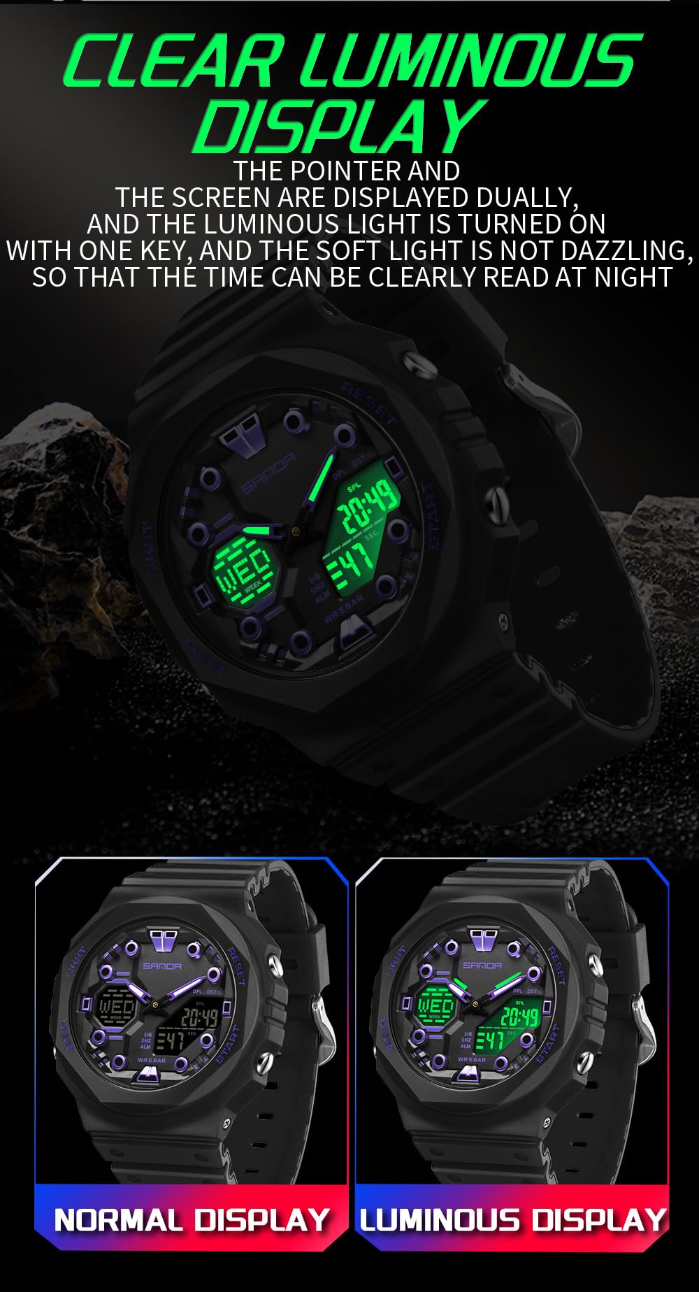 Gosasa Reloj deportivo digital unisex 5ATM, impermeable, táctico, analógico, digital, con cronómetro, alarma, retroiluminación LED, correa transparente, estilo militar para hombres y mujeres