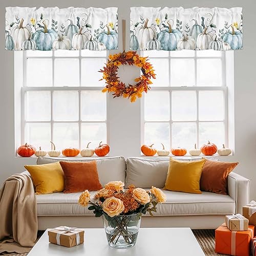 Miniatura 4 de Cortina de cenefas de otoño con diseño de calabaza azul, para Acción de Gracias, cortinas de cocina con hojas y plantas, decoración de ventana para