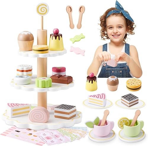 Miniatura 8 de Juego de fiesta de té de madera para niñas pequeñas, juguete de la hora del té de la princesa de Ehome que incluye bandeja de postre, 31 piezas de
