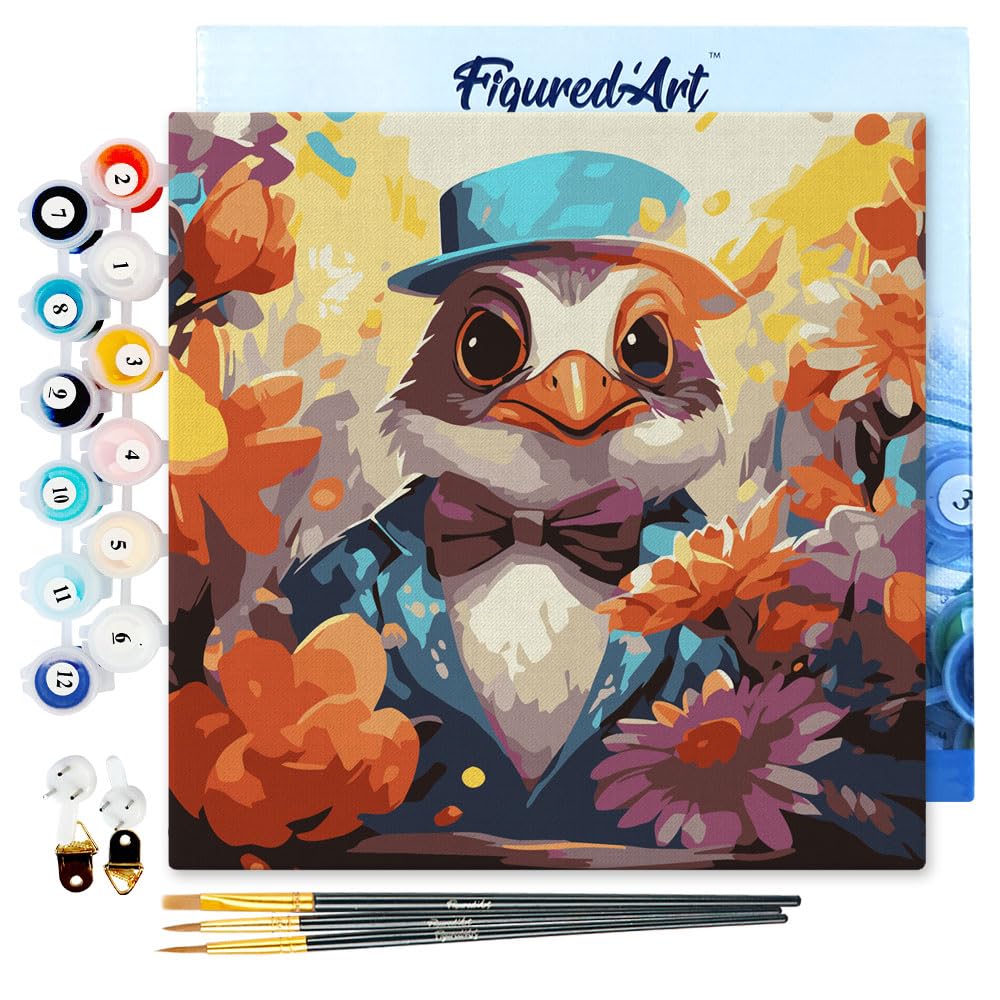 Figured'Art Mini Paint by Numbers Kit for Adults with Frame Fantasy Tuxedo Bird and Flowers Small Format 20x20cm - Craft Art Painting DIY Canvas Already Stretched on a Wooden Frame