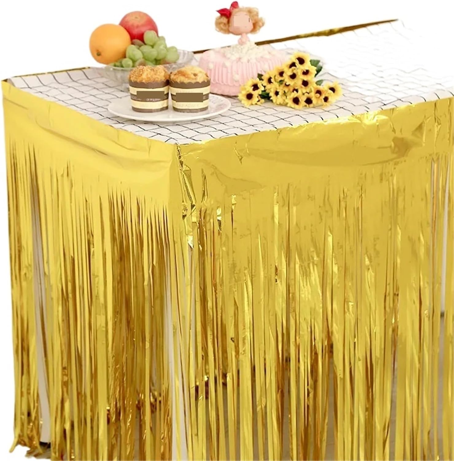 Party Table Skirts Metallic Foil Fringe Table Skirt Tinsel Table Skirts for Wedding Decoration Shower Rectangle Tables(Gold,1X1M)