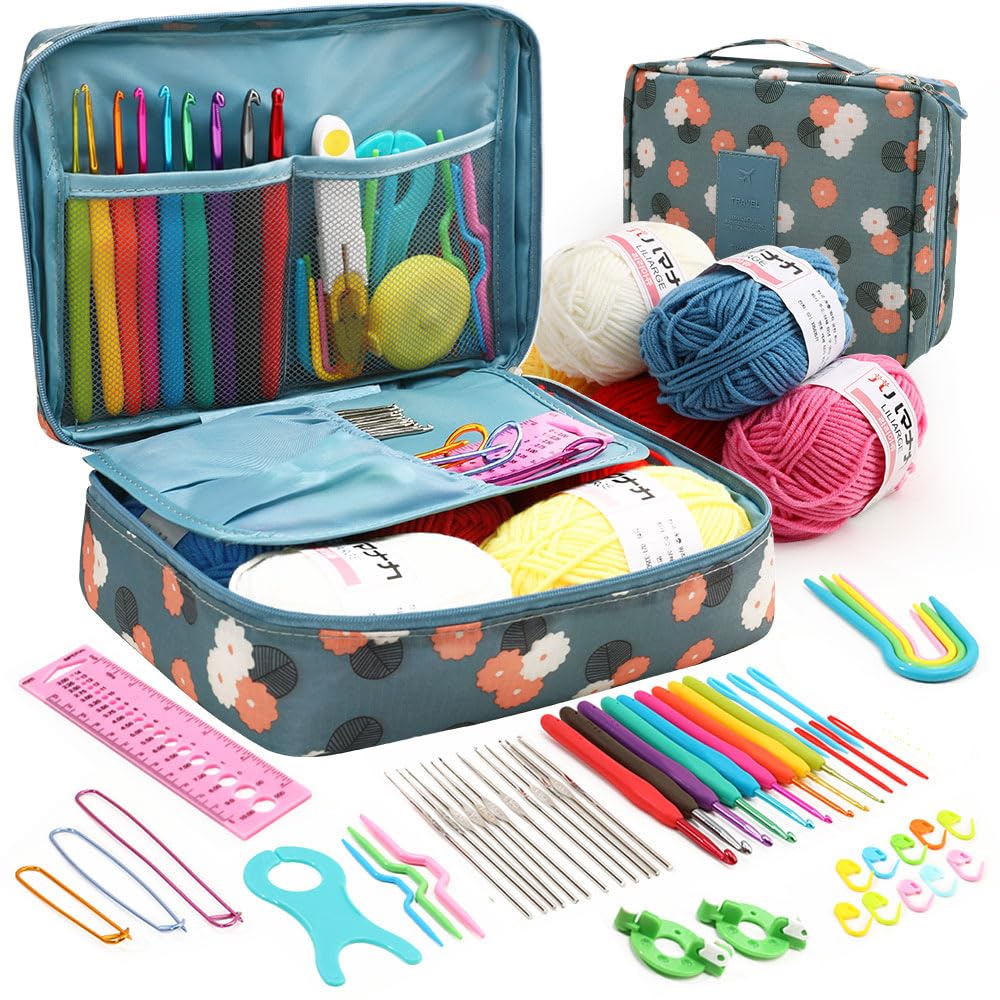 KIZAMI 59 Pezzi/Set Rosa 24 * 18 cm Kit per Principianti all'Uncinetto, Set Completo di uncinetti con Design ergonomico, Kit per Principianti di Filato, Principianti