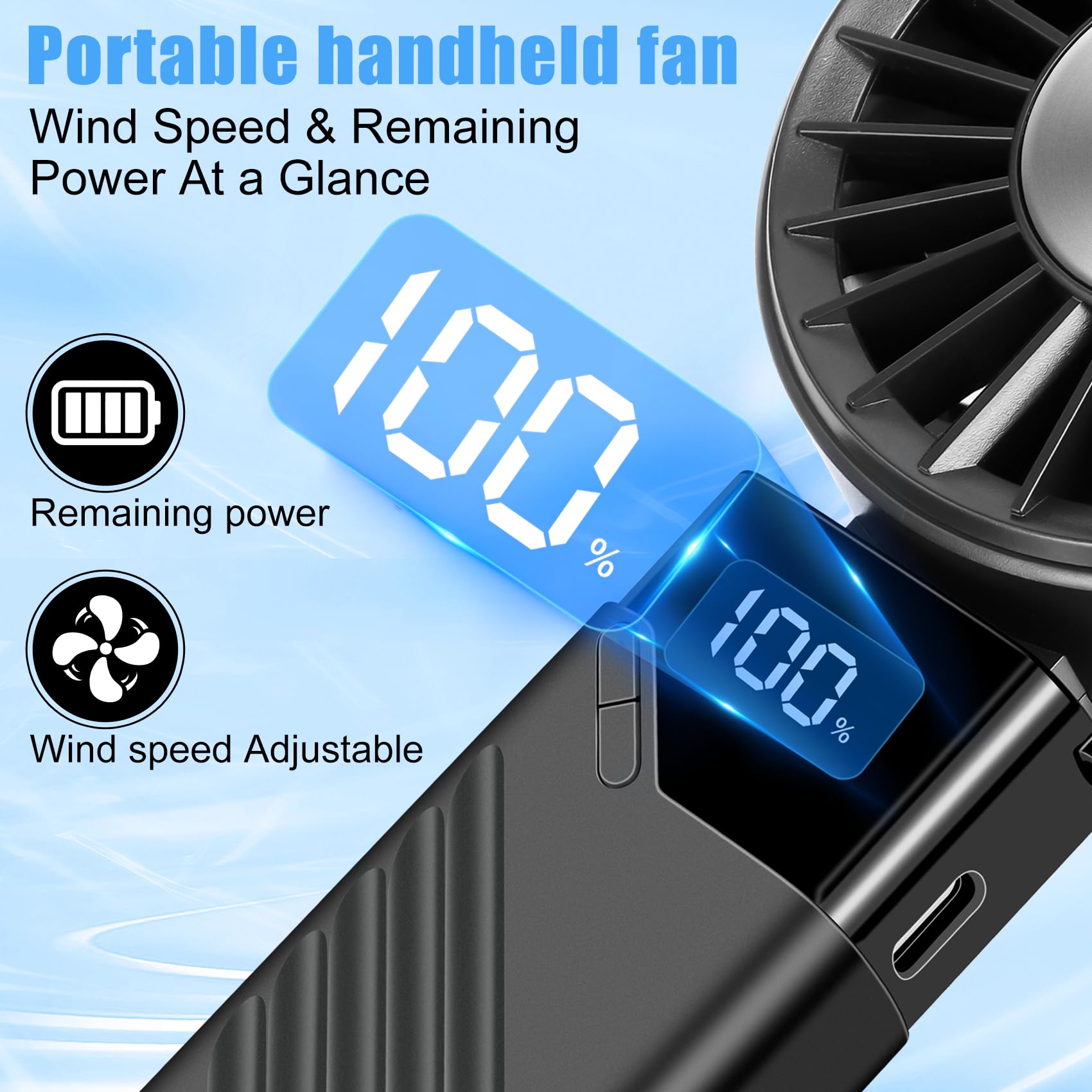 Ventilatore Portatile, Mini Ventilatore A Mano Silenzioso Potente a Batteria Ricaricabile 3 in 1 5 Velocità Piccolo Ventilatore Ventilatore USB Ventilatore da Tavolo per Viaggi,Ufficio,Campeggio
