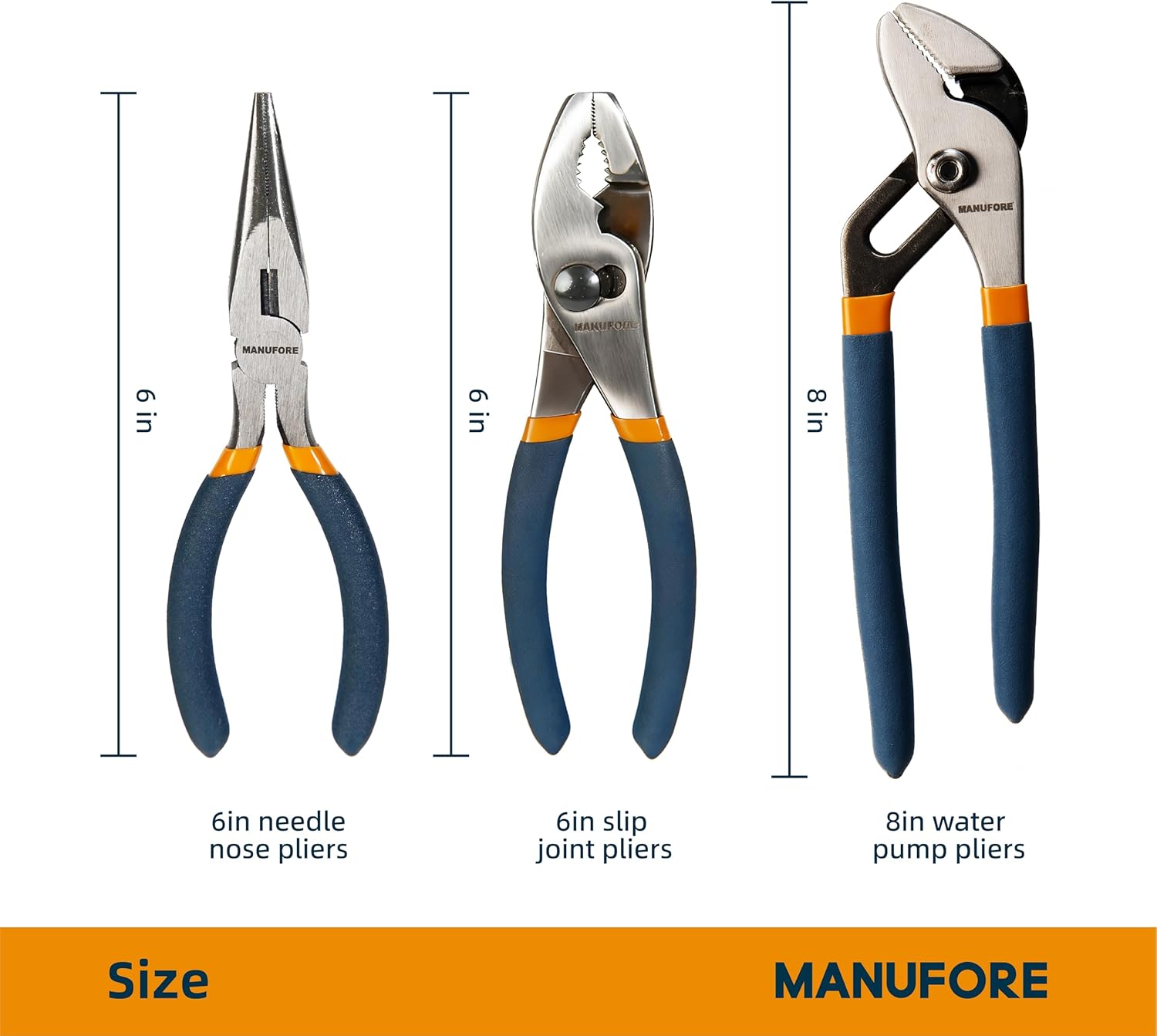MANUFORE 3-Piece Pliers Set, 6 Inch Long Nose,6 Inch Slip Joint, 8 Inch Water Pump Pliers, Multi-Purpose Hand Tools for DIY and Home Use