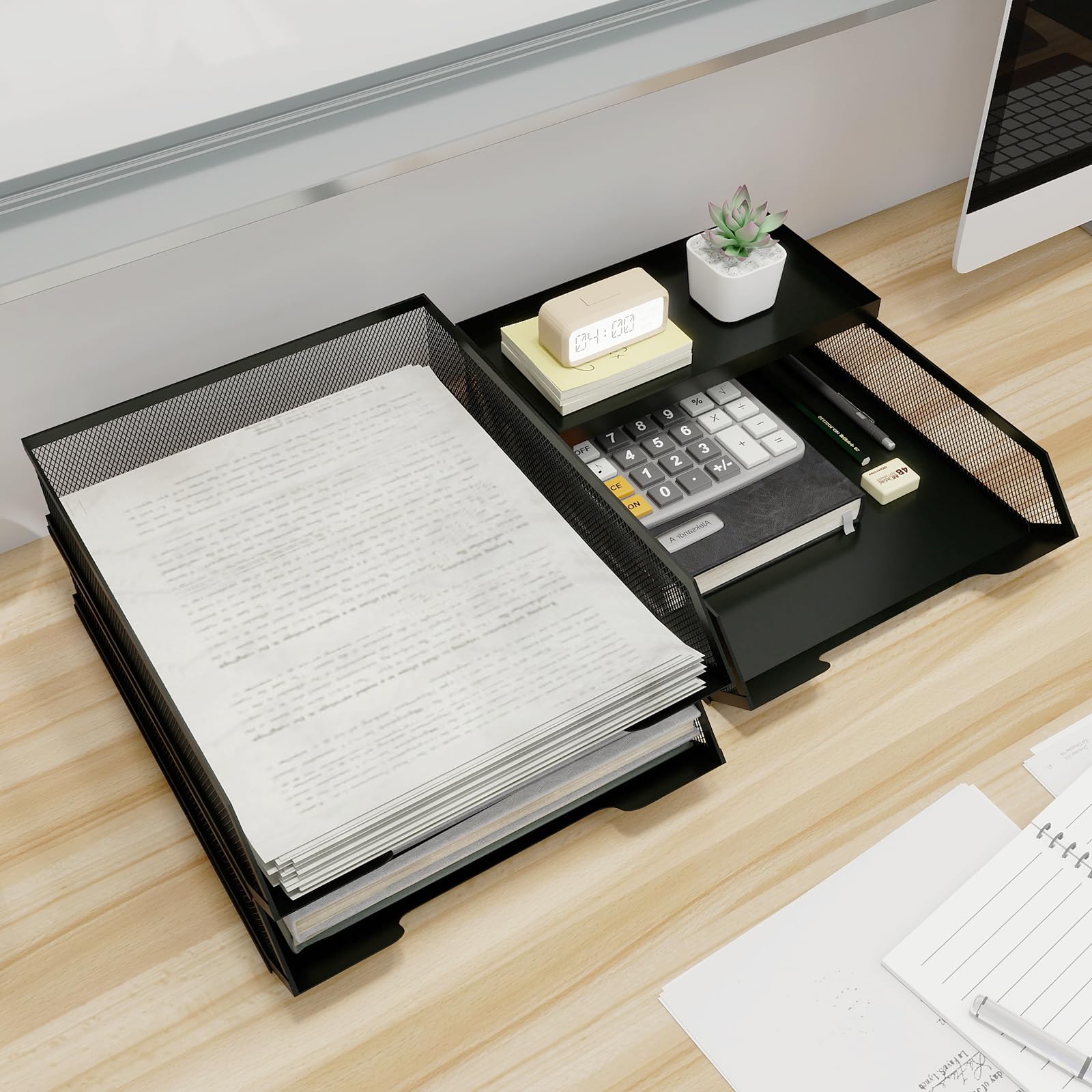 PUNCIA Bandejas Apilables 3 Niveles de Oficina Bandeja Metálica para Documentos A4 Organizador Escritorio de Papeles Archivador Clasificador con Bandejita Superior Negro