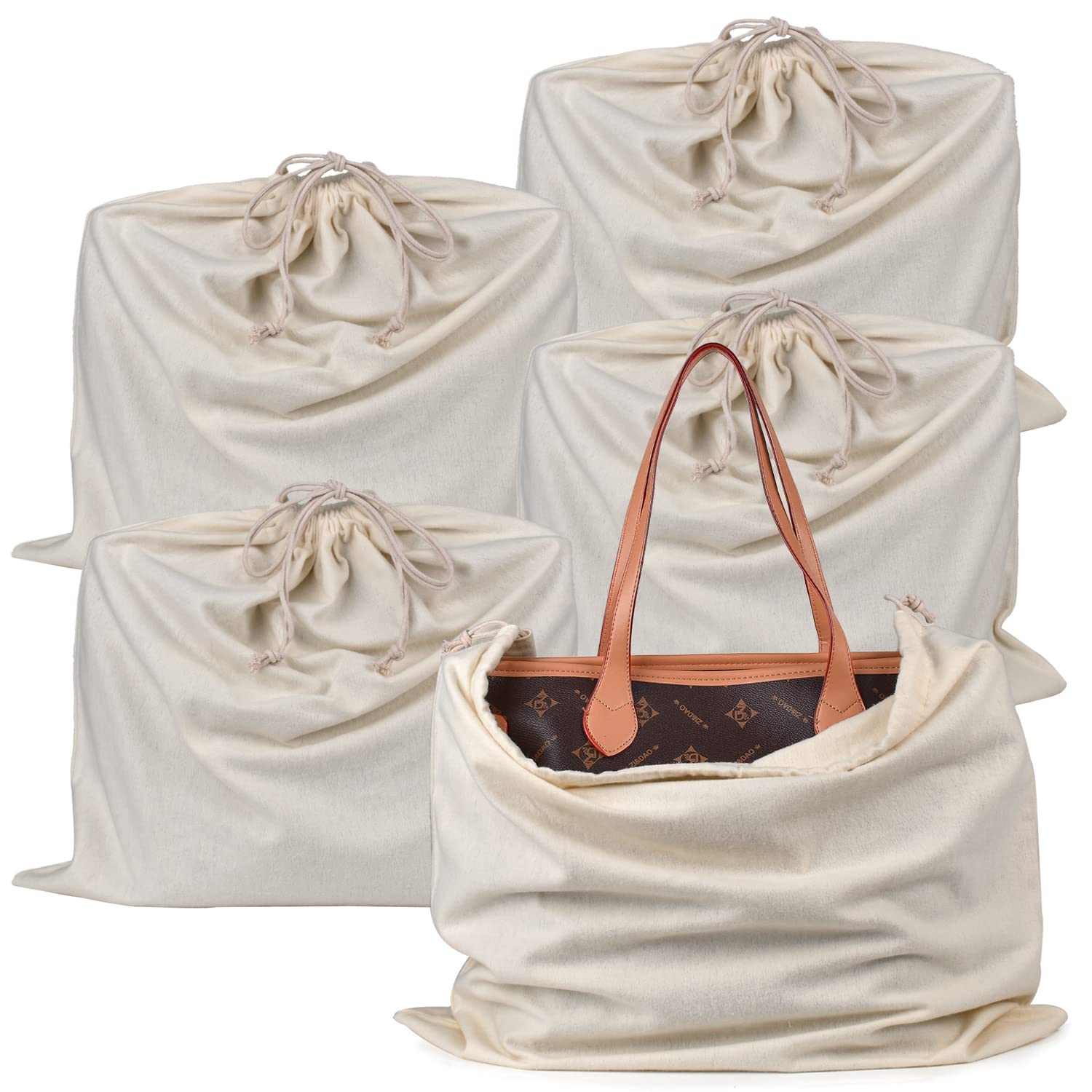 HAMBOLY 100% Cotton Bags 5 Pack Dust Cover Storage Pouch with Drawstring Closure for Packaging Handbags Purses Pocketbooks Shoes Boots, Beige (21 x 19