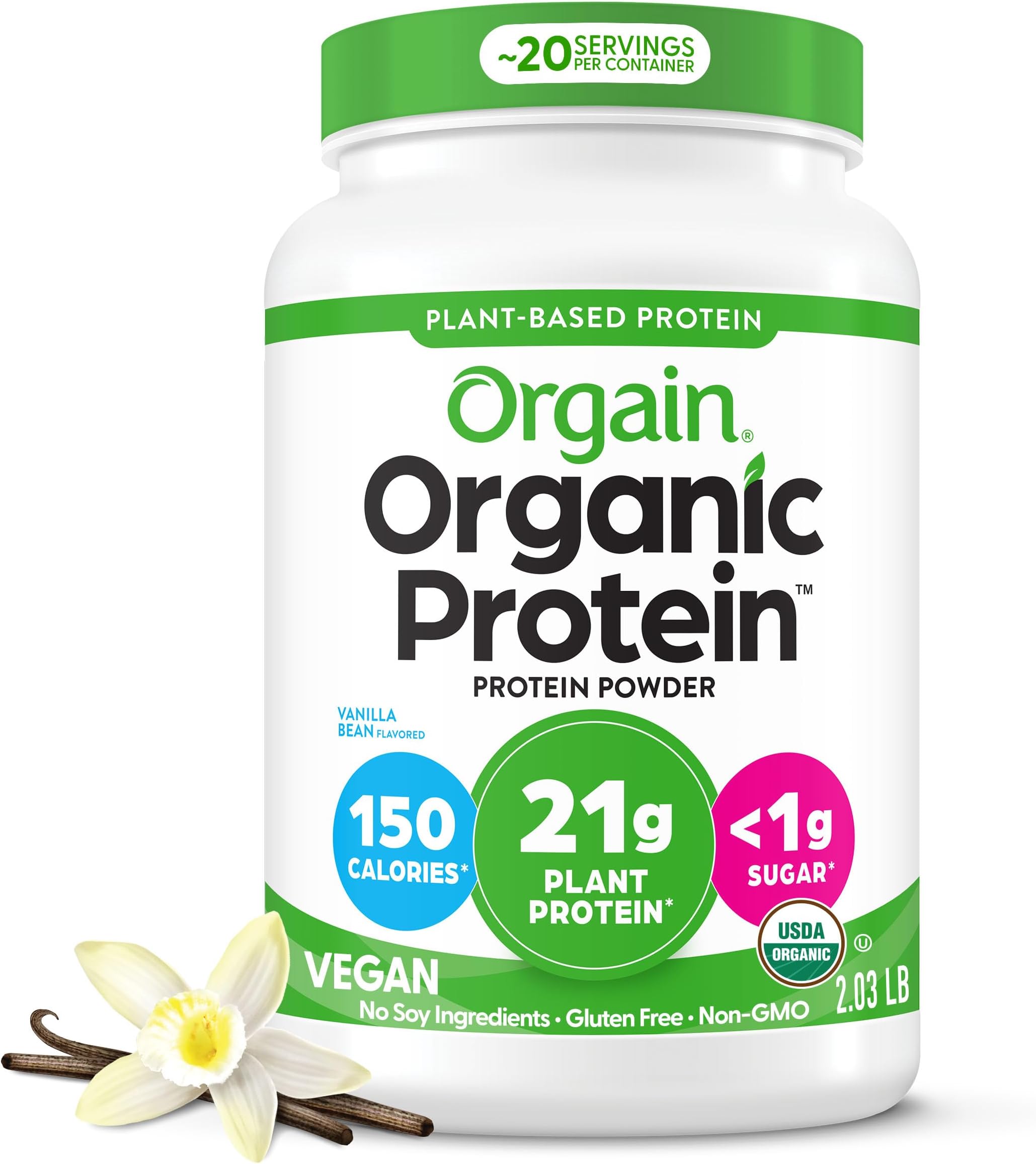 Organic Plant Based Protein Powder, Vanilla Bean - Vegan, Low Net Carbs, Non Dairy, Gluten Free, Lactose Free, No Sugar Added, Soy Free, Kosher, Non-GMO, 2.03 Pound