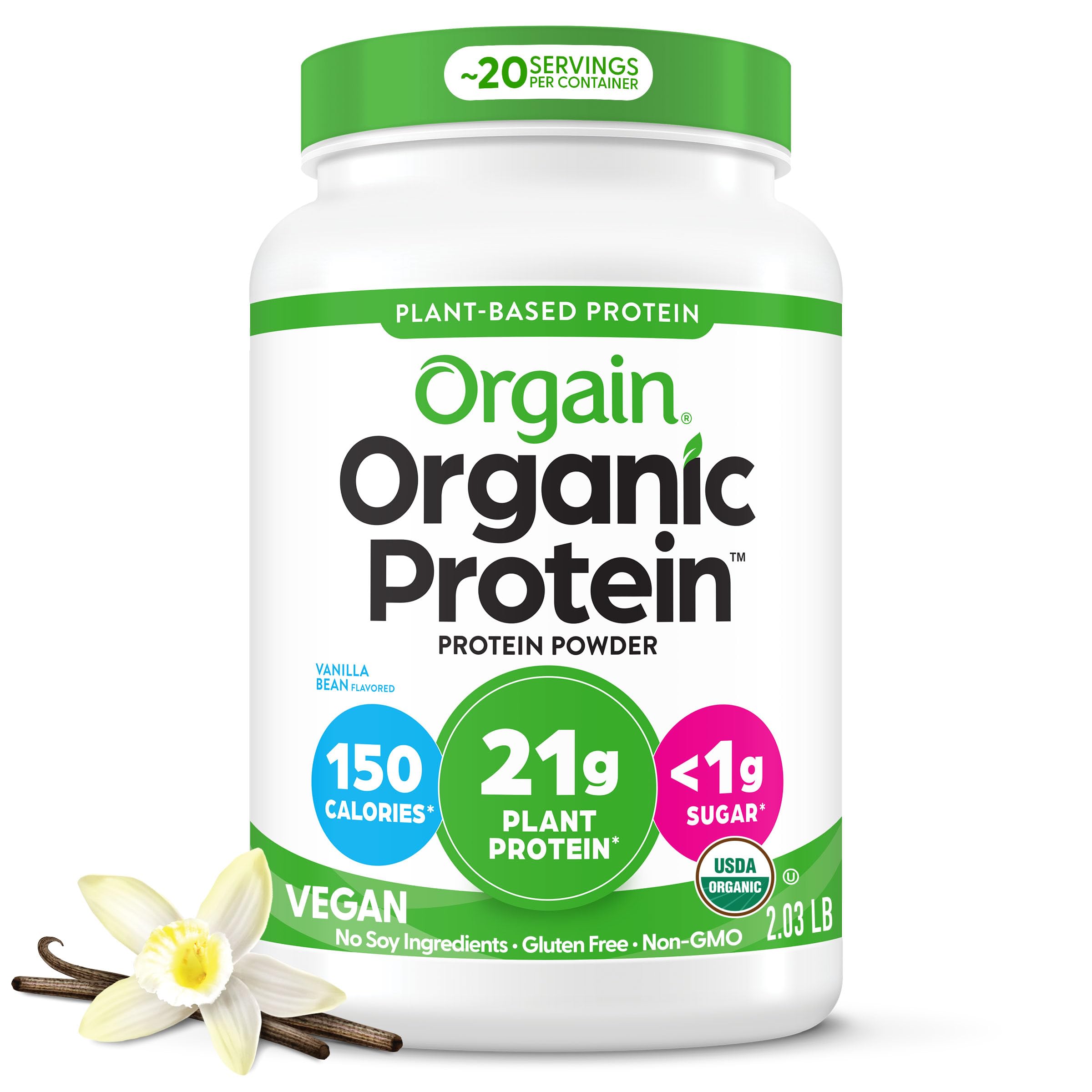 Orgain Organic Vegan 21g Protein Powder, Vanilla Bean, 2.03 lb | Plant based protein, 4g prebiotic fiber, no added sugar or lactose, non-GMO, for shakes & smoothies