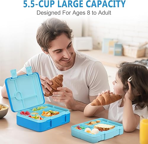 Miniatura 4 de Lonchera Bento para niños con bolsa de hielo, 5 compartimentos a prueba de fugas con utensilios, capacidad de 5.5 tazas para adultos y mayores de 8