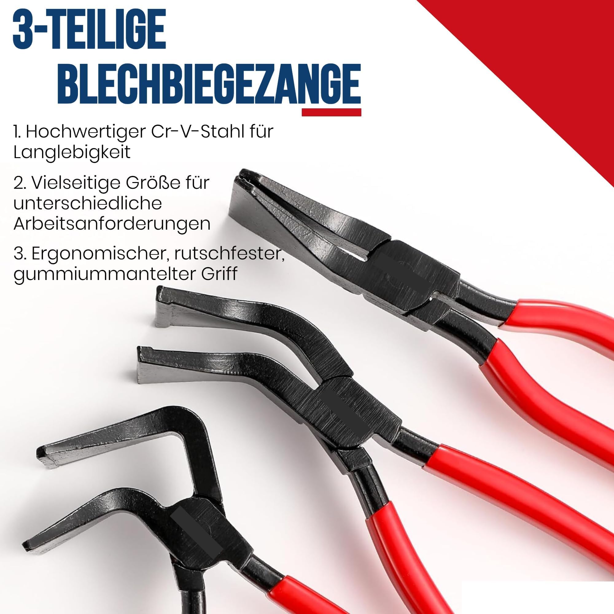 3 Stück Falzzange Biegezange Abkantzange - Blechzange Satz Falzzangen Set gerade 0° gebogen 45° 90° Dachdeckerwerkzeug Länge 280mm Spengler Werkzeuge Maulbreite 60 mm