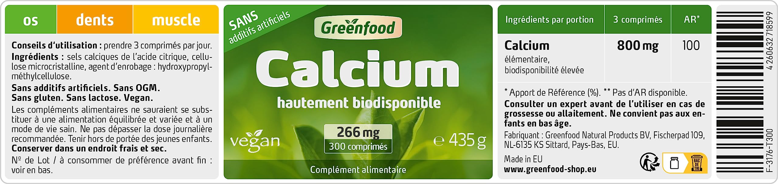 Greenfood Calcium, 266 mg, 300 comprimés - SANS additifs | Citrate de calcium de qualité, chélaté, pour les os, dents et muscles, haute biodisponibilité, testé en laboratoire, vegan