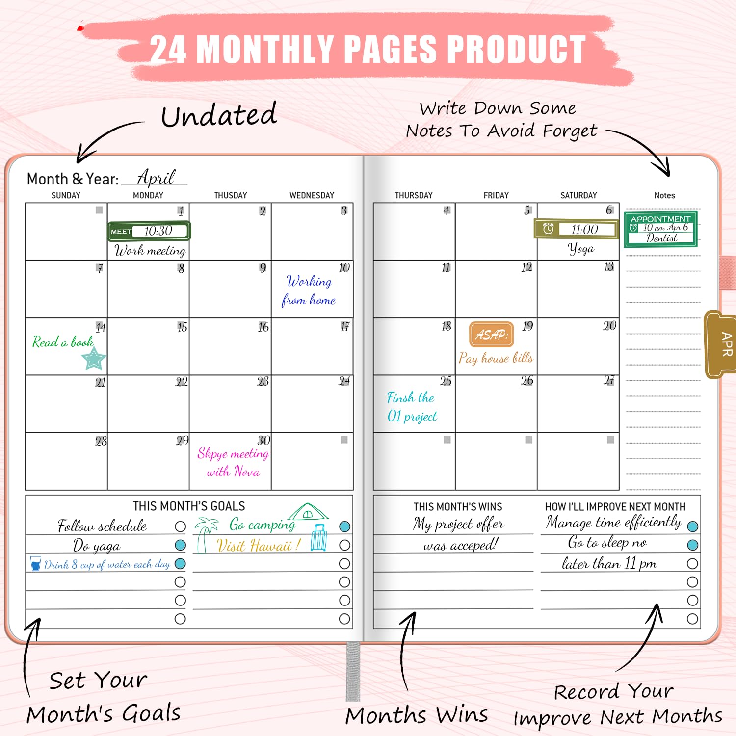 Undated Weekly Planner, A5 Agenda Organizer, Goal Definition with Elastic, Adhesive Pen Loop - Image 3