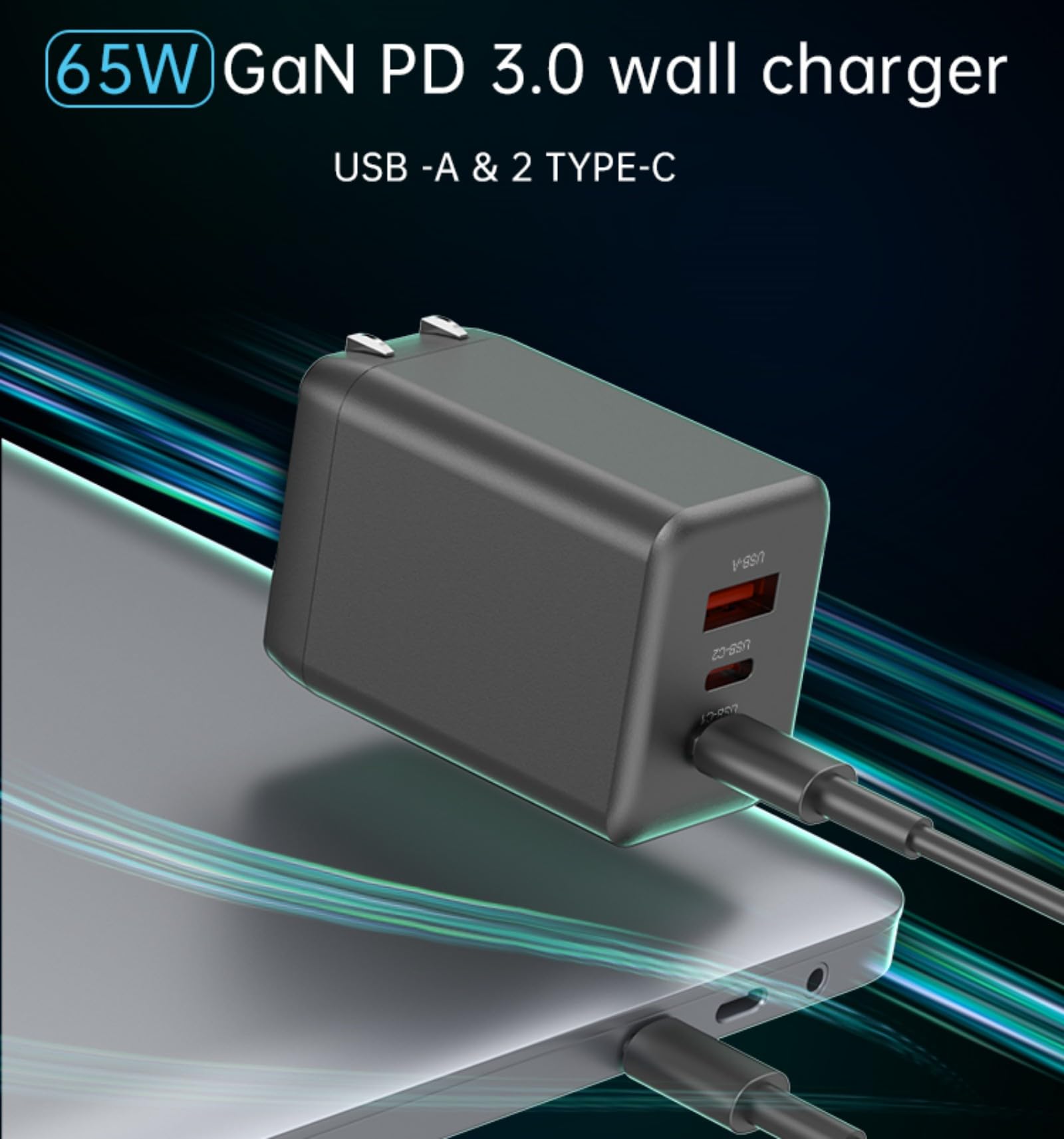 Greatatop 65W USB C Charger, Foldable Wall Charger, Type C High-SpeedCharger, GaN 3 Port PD 3.0 Fast Adapter for Laptops, Tablets, iPhone 11/12/13/14/15 Pro Max/Galaxy and more Black