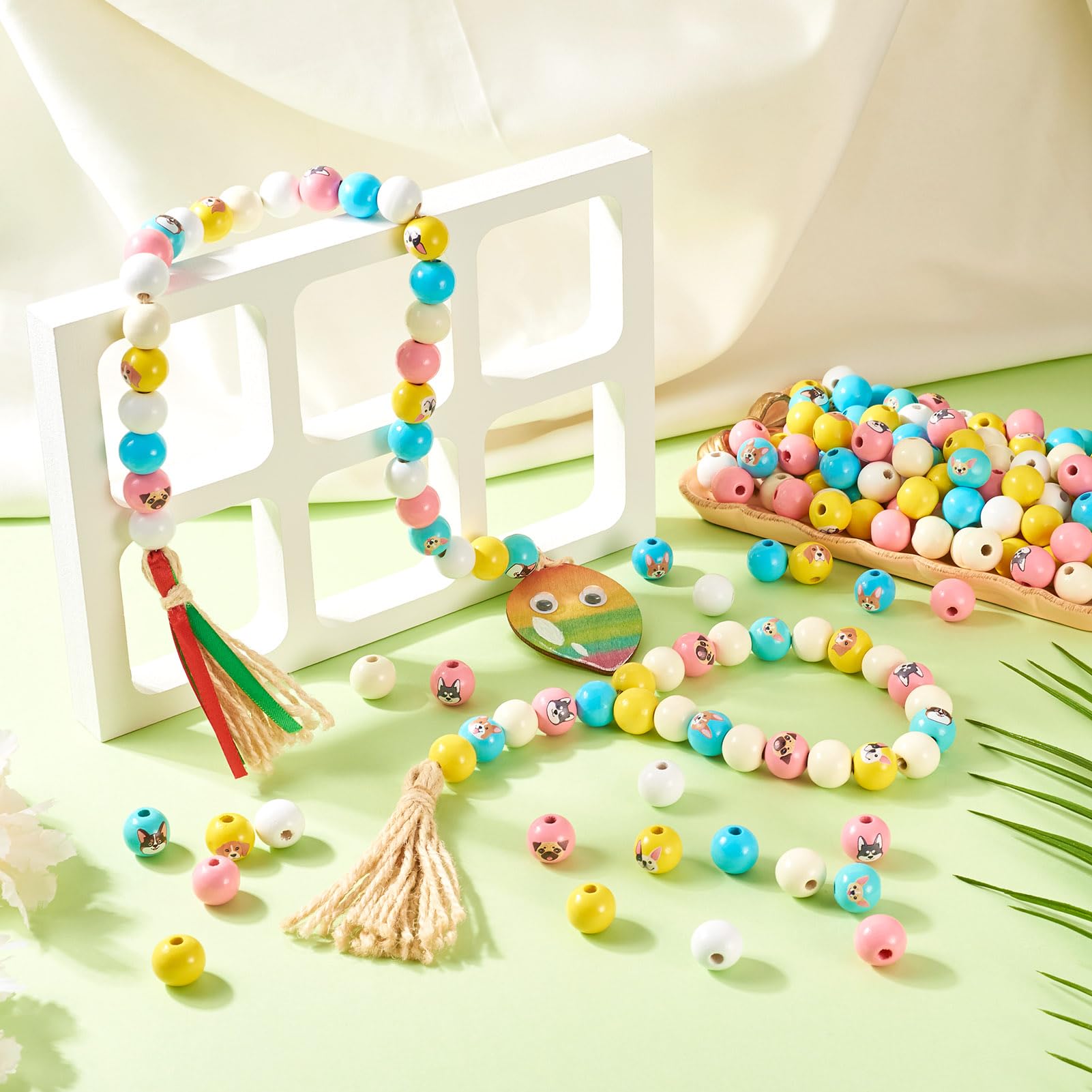 Crafans 235Pcs Dog Theme Wood Beads, 16mm Round Large Hole, Cute Dog Patterns, Natural Wood - Image 2