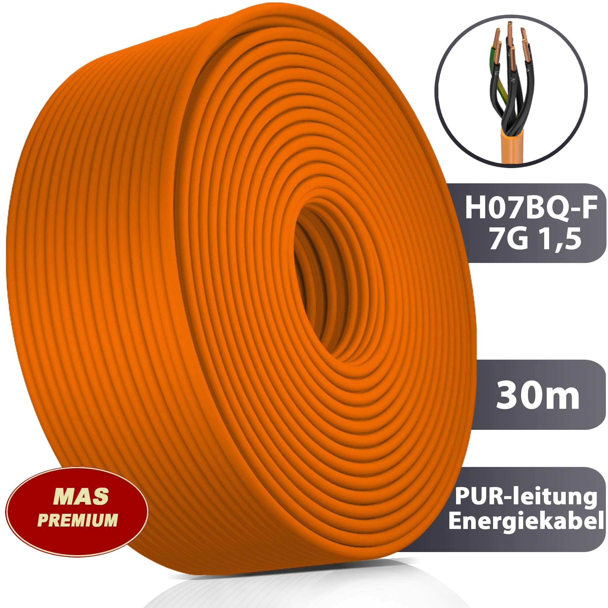 MAS-Premium® przewód PUR H07BQ-F 7 x 1,5 m, pomarańczowy, przewód przyłączeniowy do podłączenia urządzeń rolniczych lub komercyjnych, kabel budowlany (30 m)