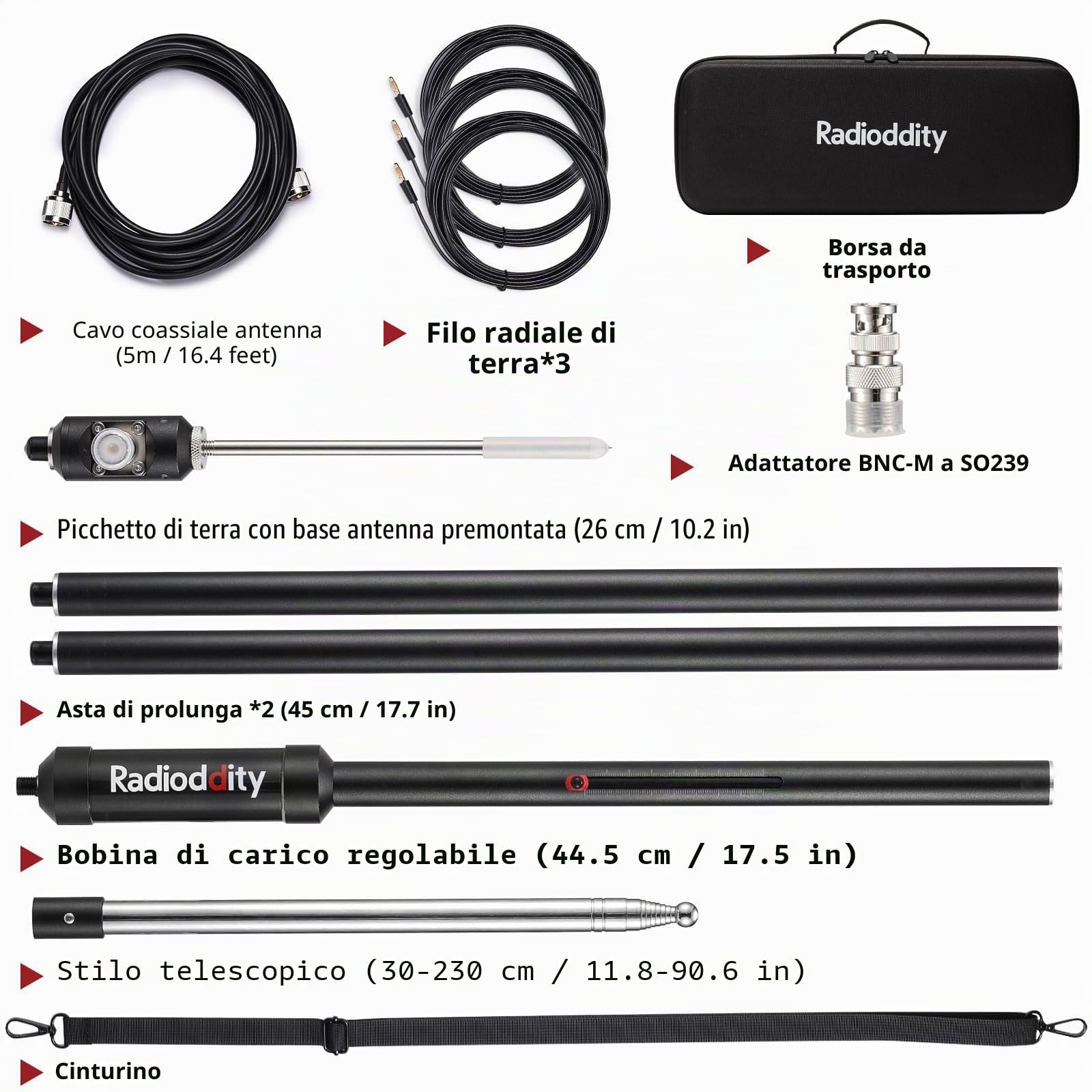 Radioddity HF-009 Antenna HF portatile, antenna verticale 5-50 MHz, SWR 1.0-1.5, compatibile con Xiegu G90/X6100/X6200, Radioddity QT40/QT60/QT80, per ricetrasmettitori HF e radio mobili