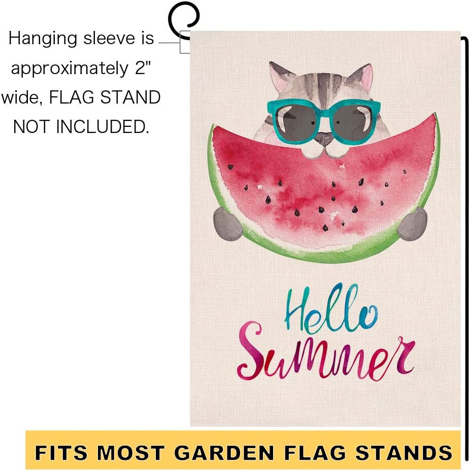 Hello Summer Watermelon Small Garden Flag Vertical Double Sided 12.5 x 18 Inch Funny Cat Burlap Yard Outdoor Decor