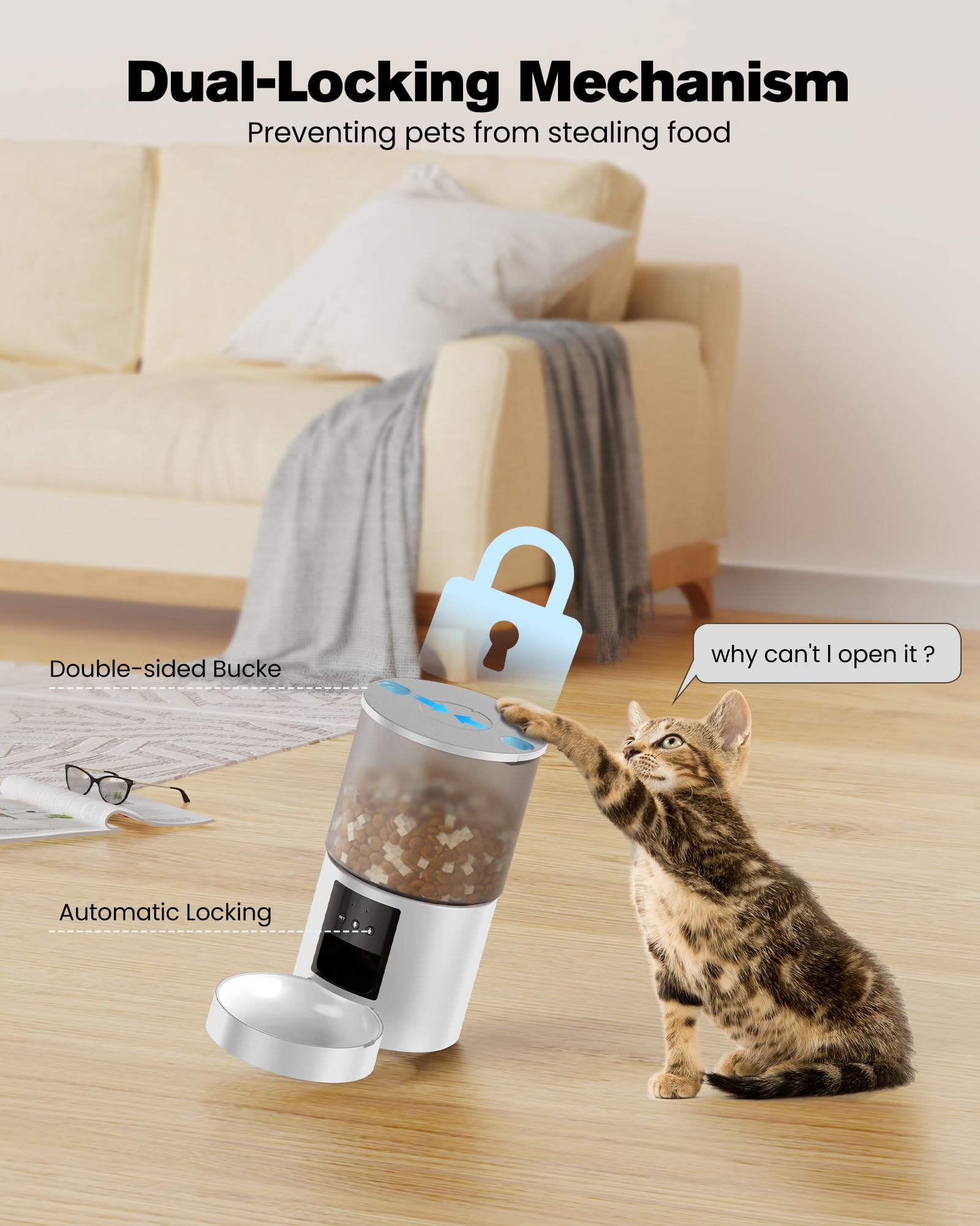 Comedero Gato Automatico WiFi Alimentador: Dispensador Comida Gatos/Perros con Grabación 10s - Máquina de Comida Inteligente para Kitty Temporizador Programable Control App 4L Blanco