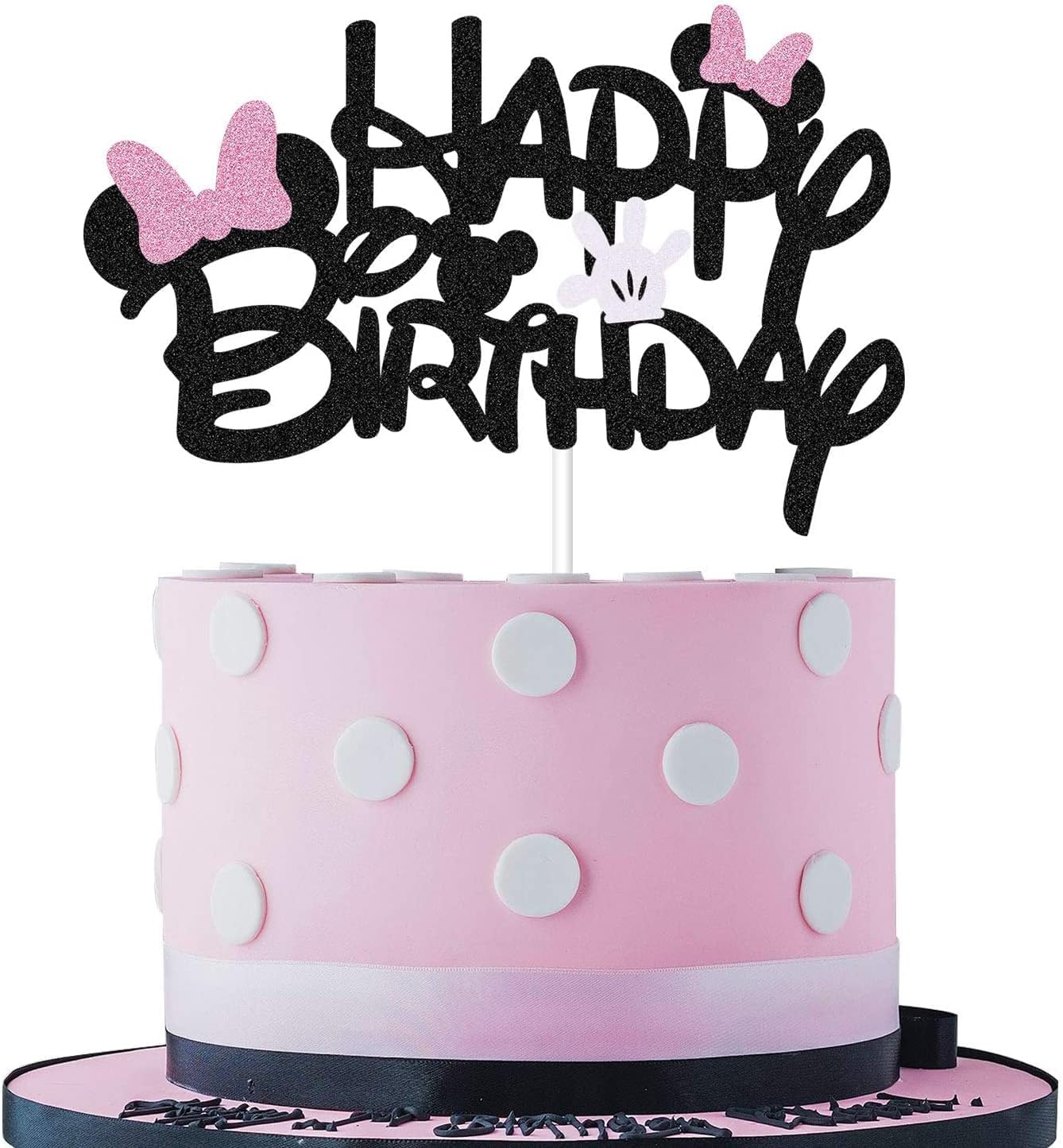 Pink and Black Glitter Minnie Inspired Happy Birthday Cake Topper with Pink Bows and White Gloves Girls Birthday Party Decorations Supplies