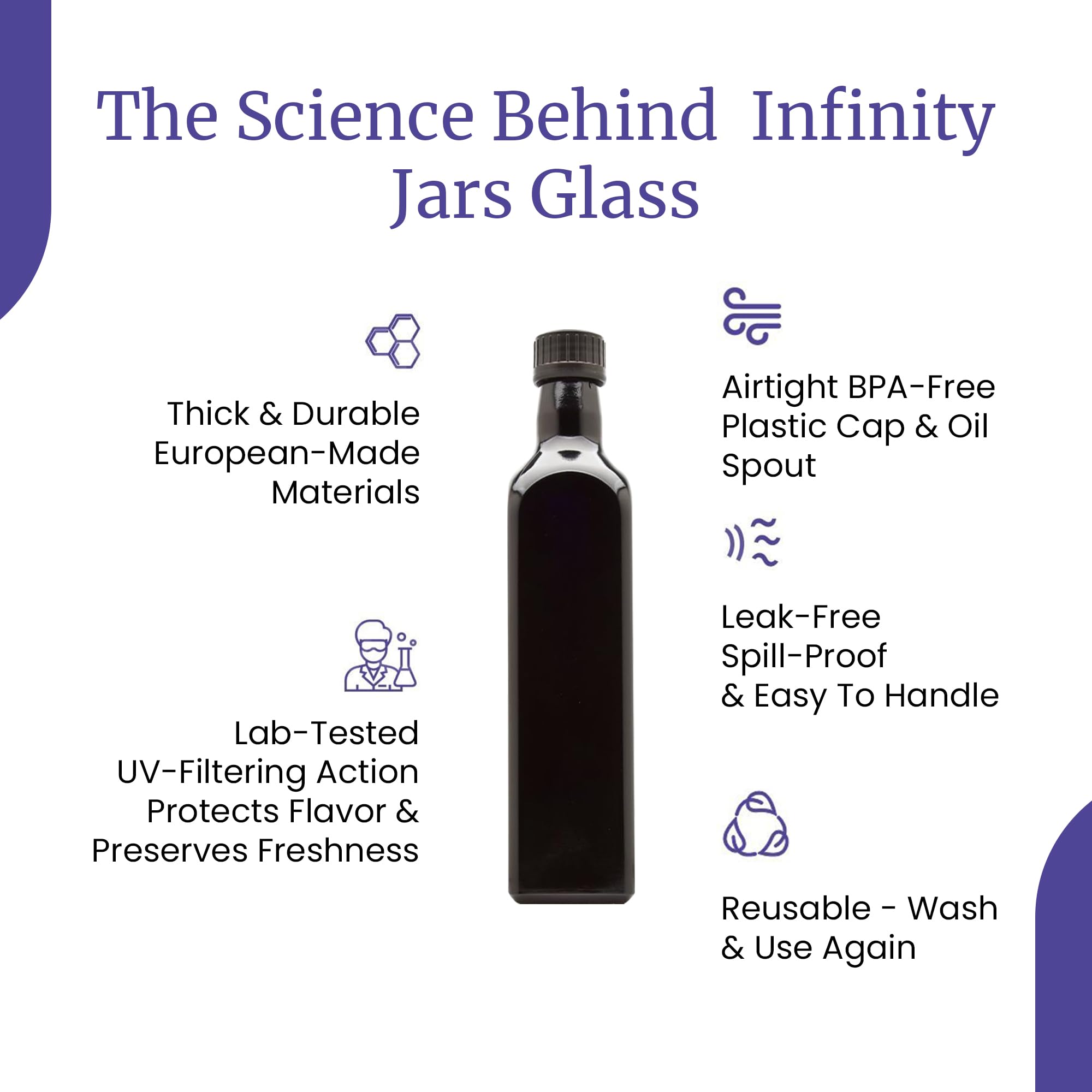 infinity tarros 500 ml (17 fl oz) negro ultravioleta de cristal cuadrado botella de aceite con boquilla antigoteo para de plástico